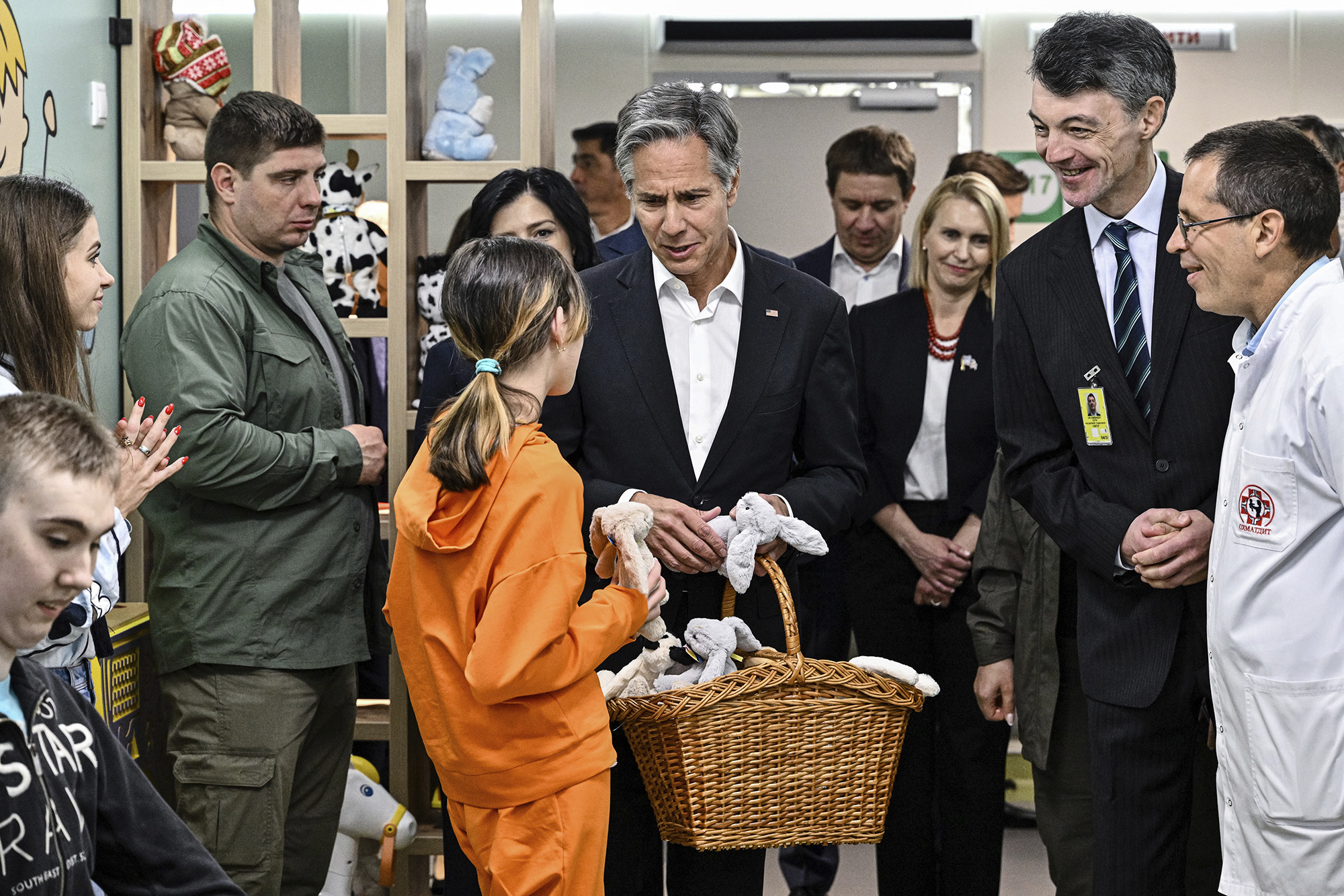 US Secretary of State Antony Blinken meets children during his visit to a children hospital in Kyiv, Ukraine, on September 8.