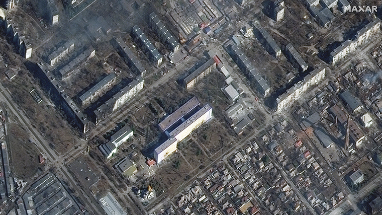 Damage and scattered debris is seen at Mariupol's Regional Intensive Care Hospital.