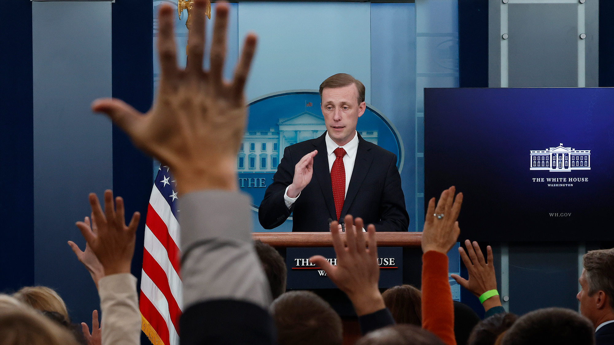 In this September 2022 photo, White House National Security Advisor Jake Sullivan talks to reporters during the daily news conference in the Brady Press Briefing Room at the White House in Washington, DC.