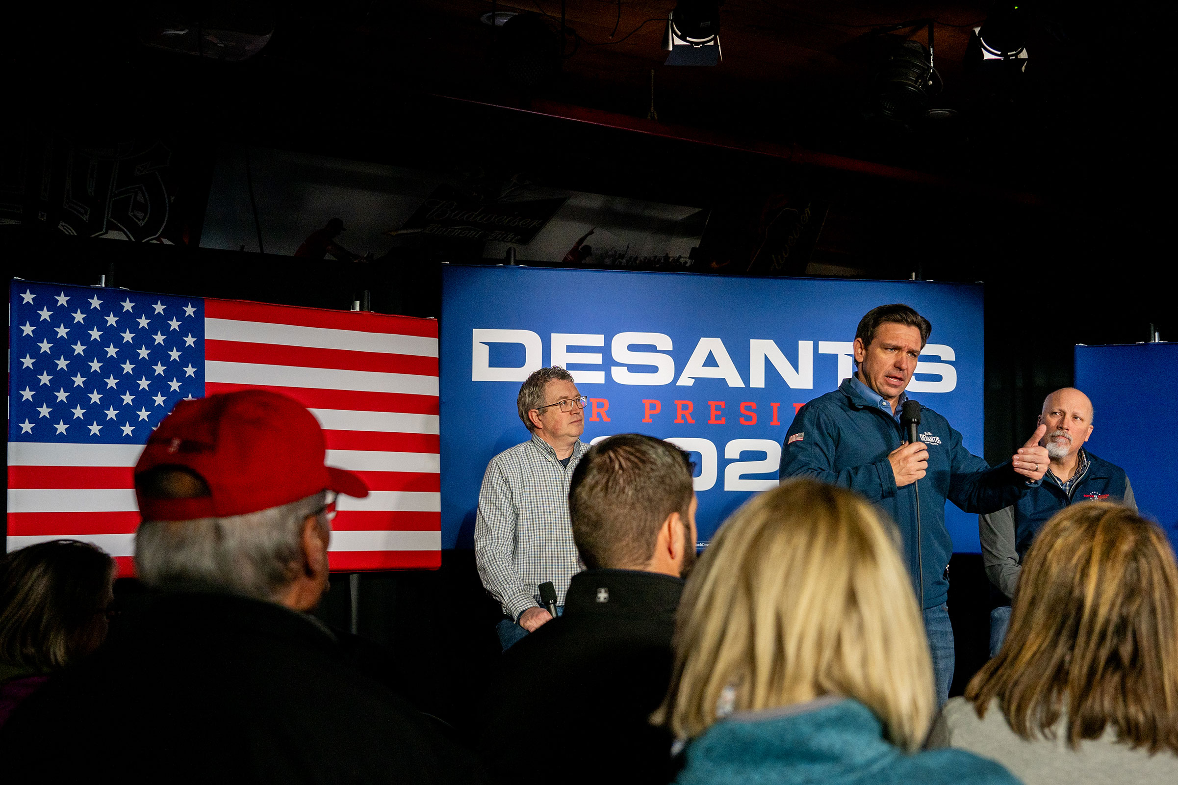 Florida Gov. Ron DeSantis speaks to supporters at Wally's bar on January 17, in Hampton, New Hampshire.