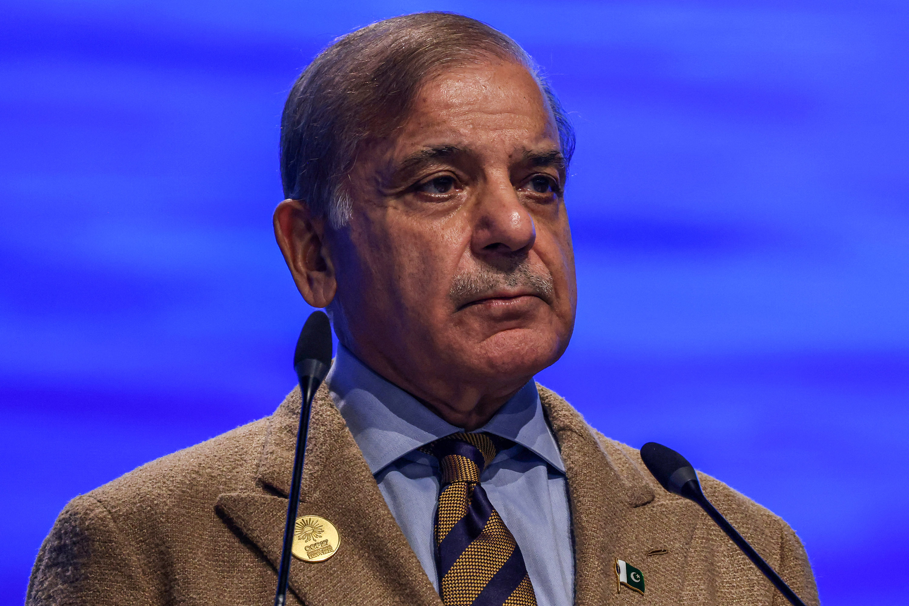 Pakistan's Prime Minister Shehbaz Sharif delivers a speech at the leaders summit of the COP27 climate conference on November 8, 2022.