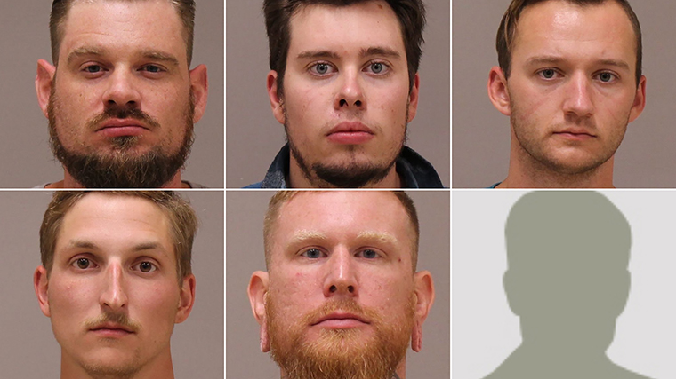 CNN has obtained the mugshots for 5 of the 6 suspects indicted by federal officials for plotting to kidnap the Governor of Michigan. They were held at the Kent County jail facilities prior to their arraignment. Top row left to right: Adam Fox, Ty Garbin, Kaleb Franks. Bottom row left to right: Daniel Harris, Brandon Caserta. Delaware resident Barry Croft is not pictured. 
