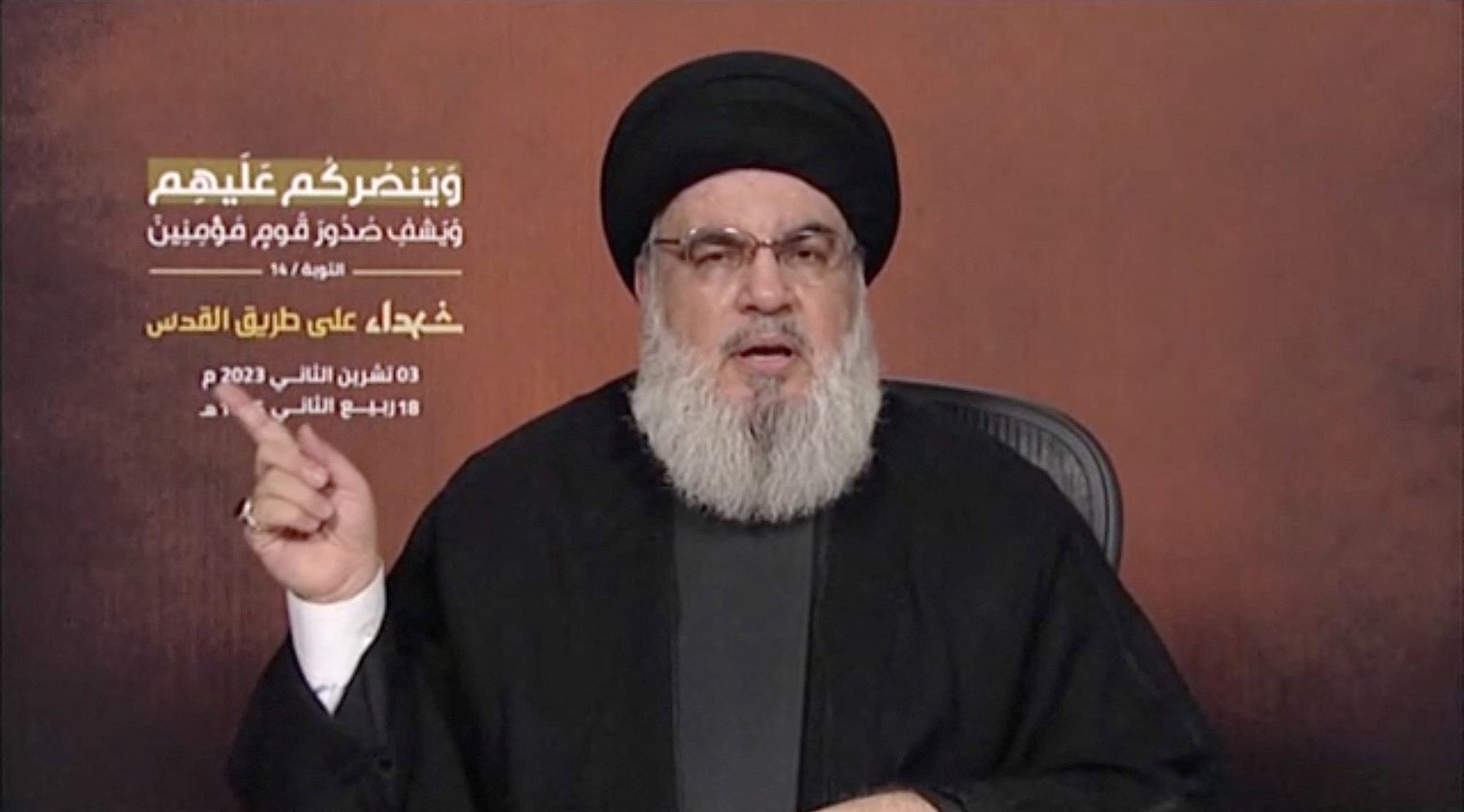 Hezbollah leader Sayyed Hassan Nasrallah delivers a speech from an unspecified location in Lebanon, in this screenshot taken from video obtained on November 3.