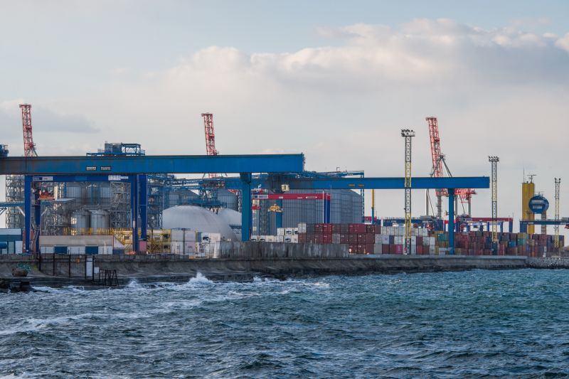 Silos and containers on the dockside at the Port of Odesa on March 17.