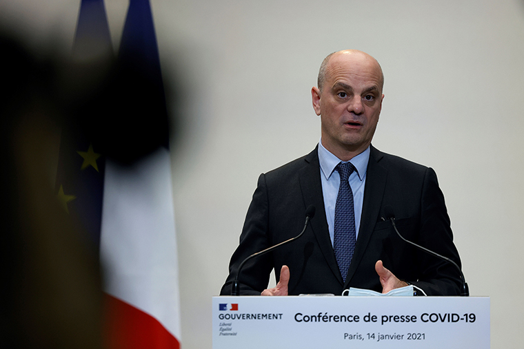 Blanquer speaks at a press conference in Paris on Thursday, January 14, on the French government's current strategy in the face of the ongoing coronavirus epidemic.  (