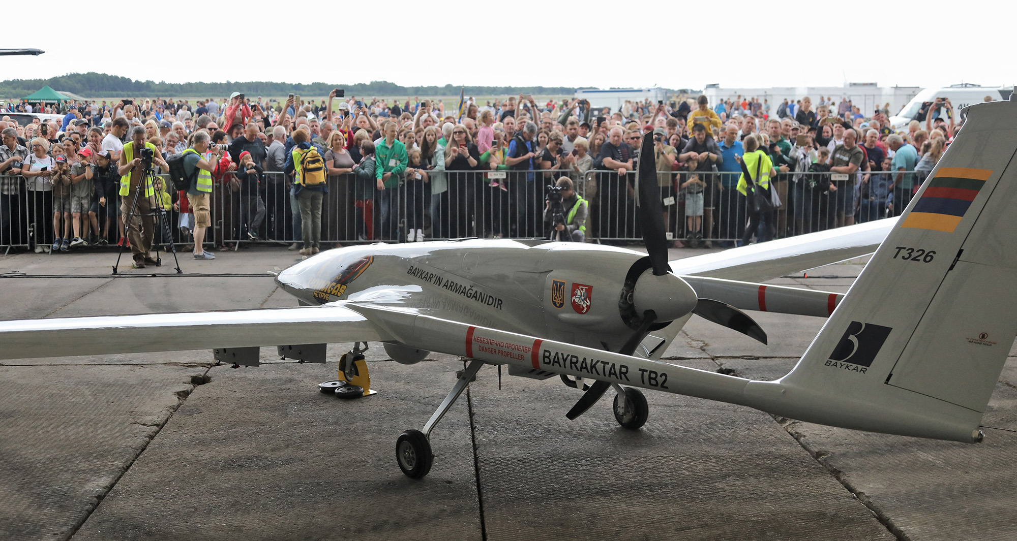 A crowdfunded Turkish-made Bayraktar TB2 combat drone is on view during a presentation at the Lithuanian Air Force Base in Siauliai, Lithuania, on July 6.