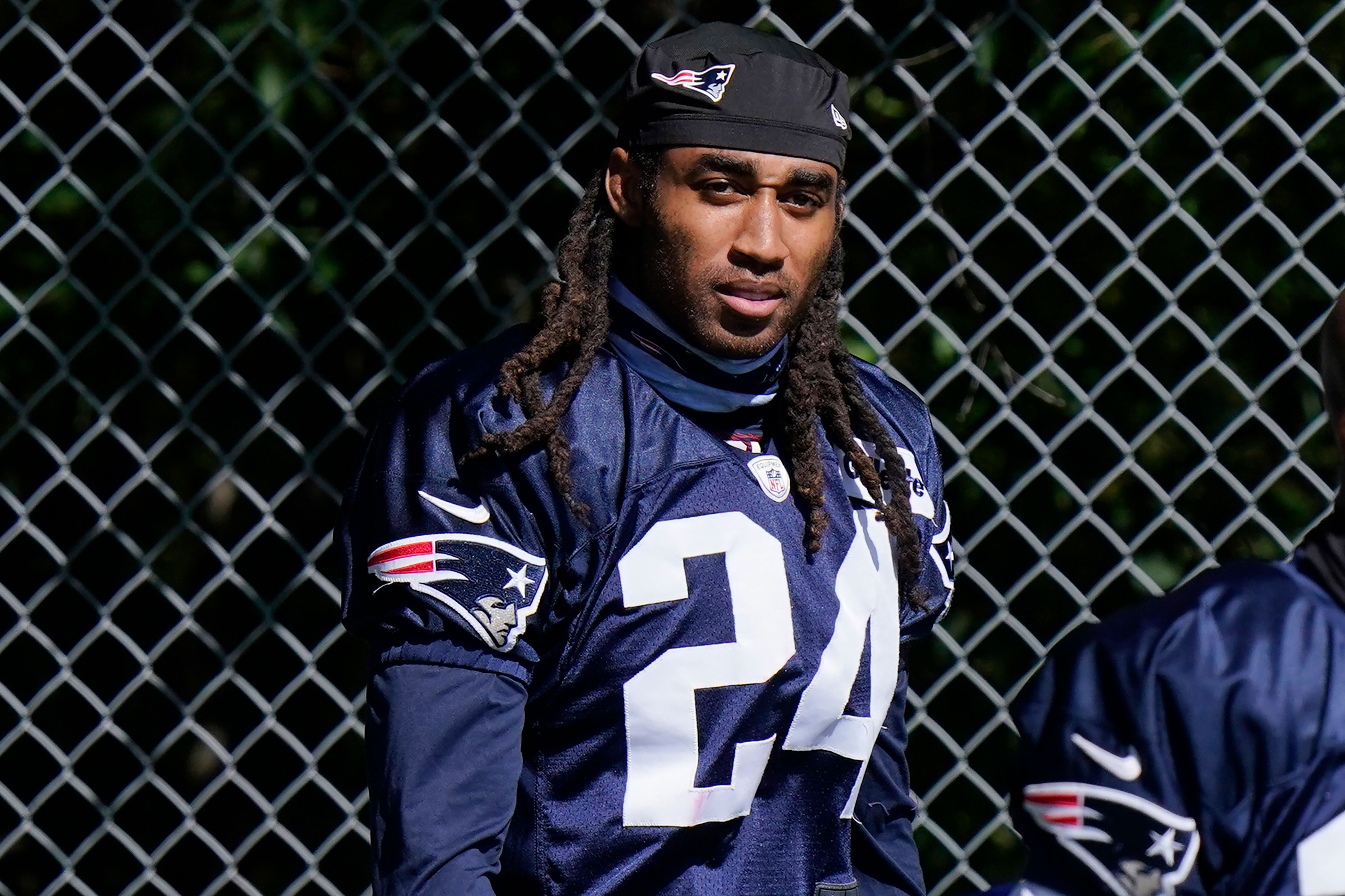 Stephon Gilmore of the New England Patriots attends a training camp practice in Foxborough, Massachusetts, on August 30.