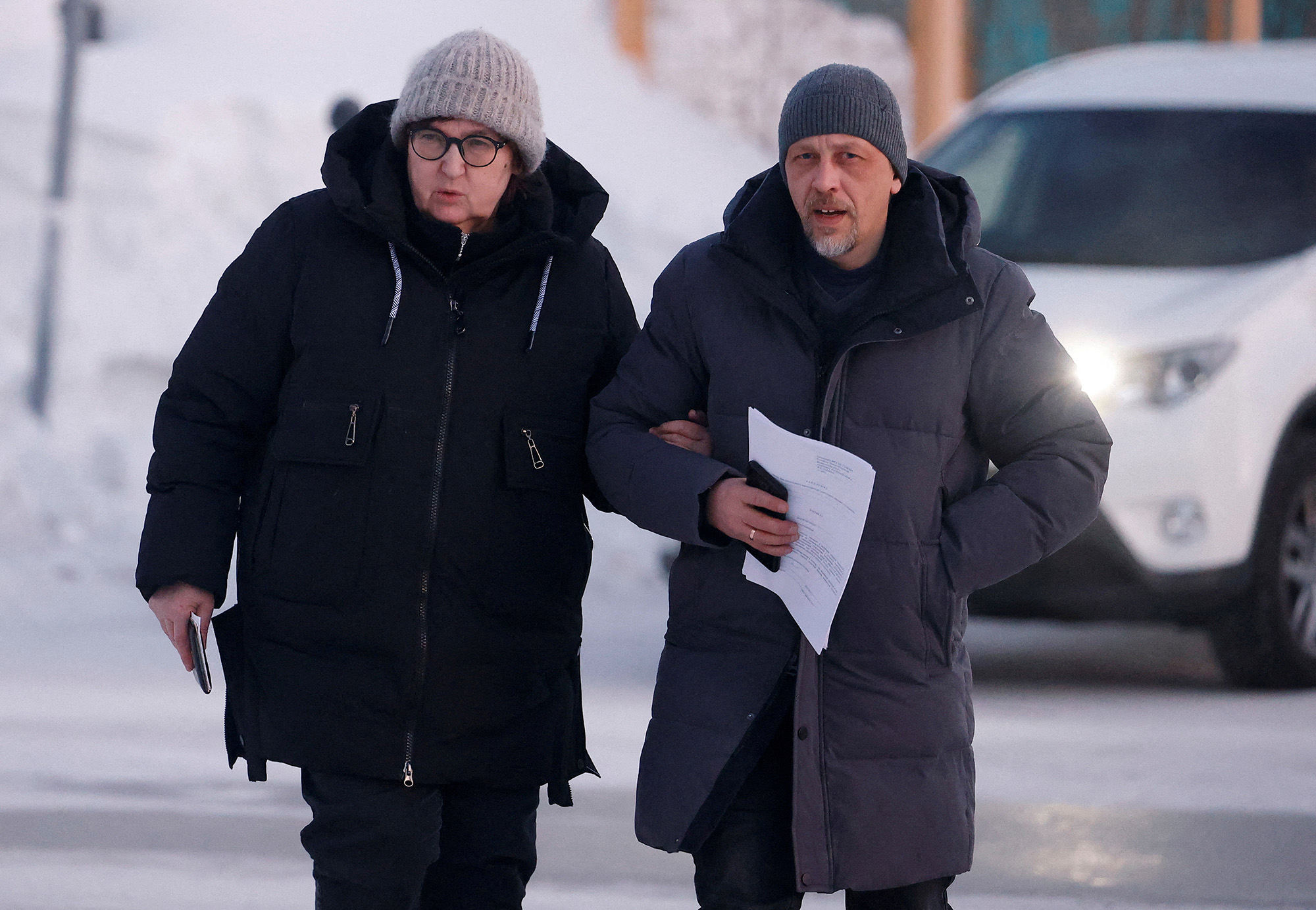 Lyudmila Navalnaya, left, the mother of late Russian opposition figure Alexey Navalny, and lawyer Vasily Dubkov arrive at the regional department of Russia's Investigative Committee in the town of Salekhard in the Yamal-Nenets Region, Russia, on February 17.