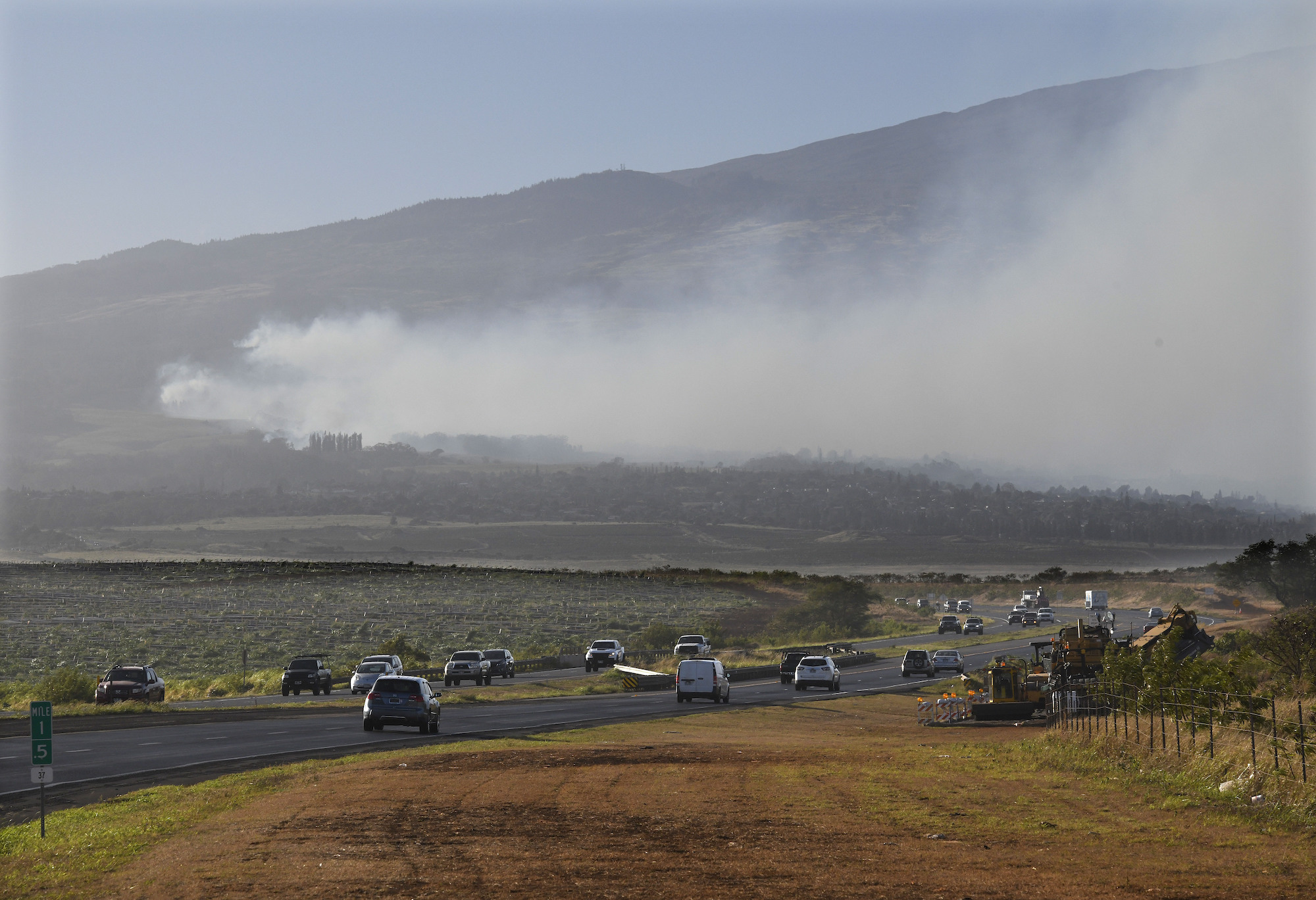 Smoke blows across the slope of Haleakala volcano in Maui on Tuesday.