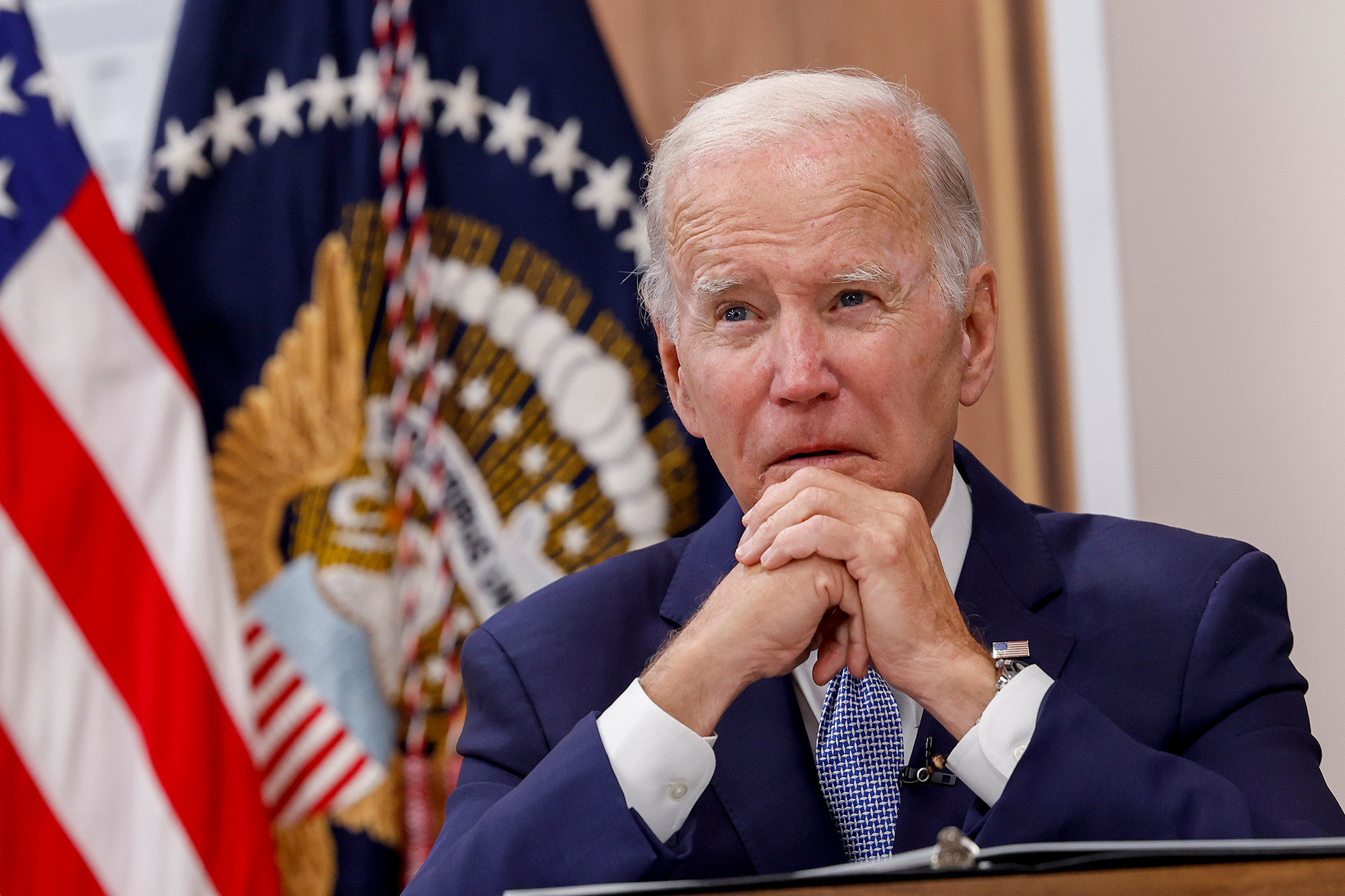 President Joe Biden gives remarks during a meeting on July 28, in Washington, DC. 