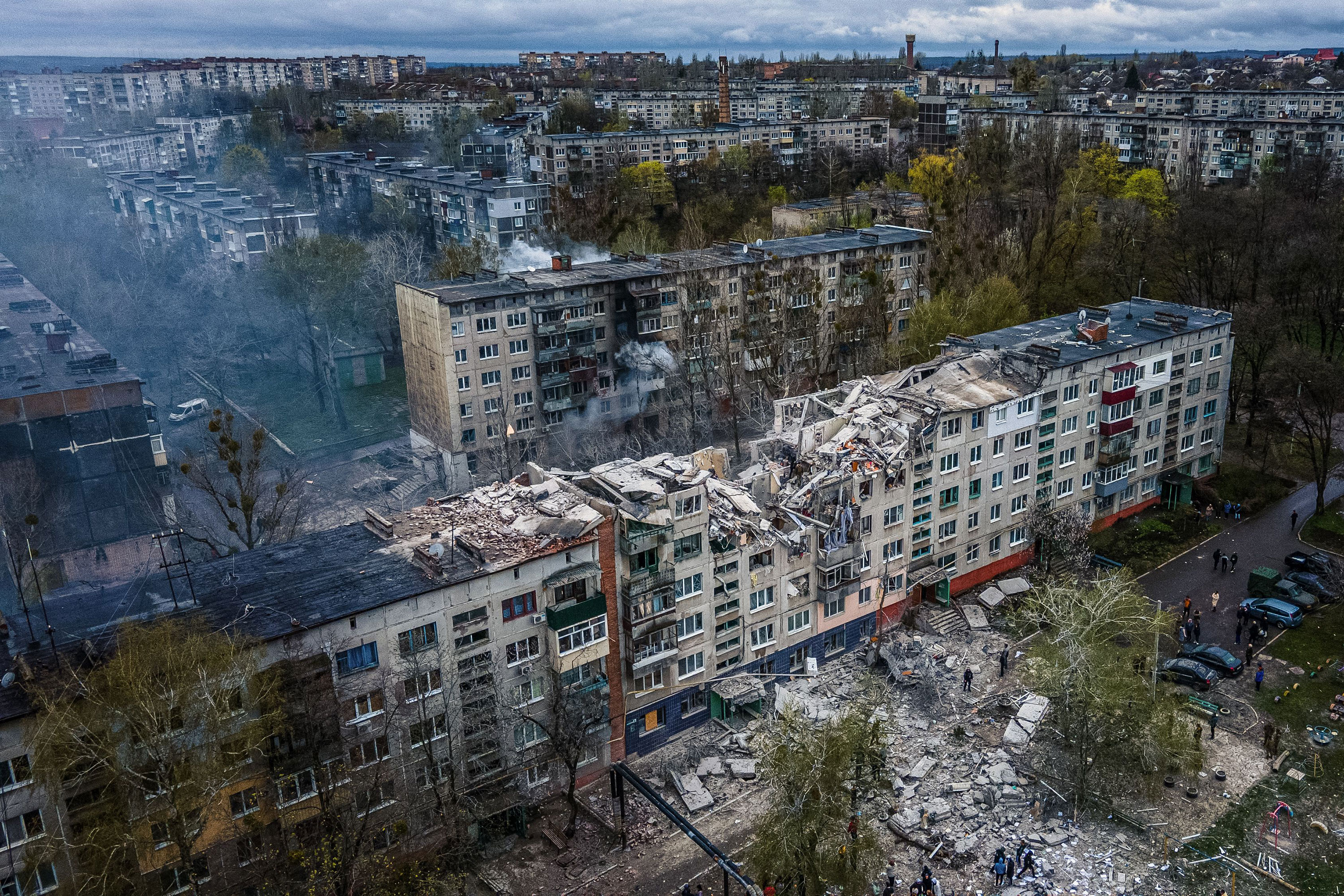 A residential building is partially destroyed after a shelling in Sloviansk on April 14. 