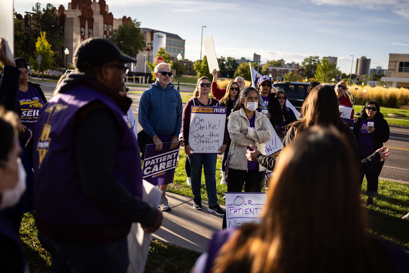 Kaiser Permanente healthcare workers and supporters on a picket line outside Kaiser Permanente medical offices in Denver, Colorado, on Wednesday, Oct. 4.