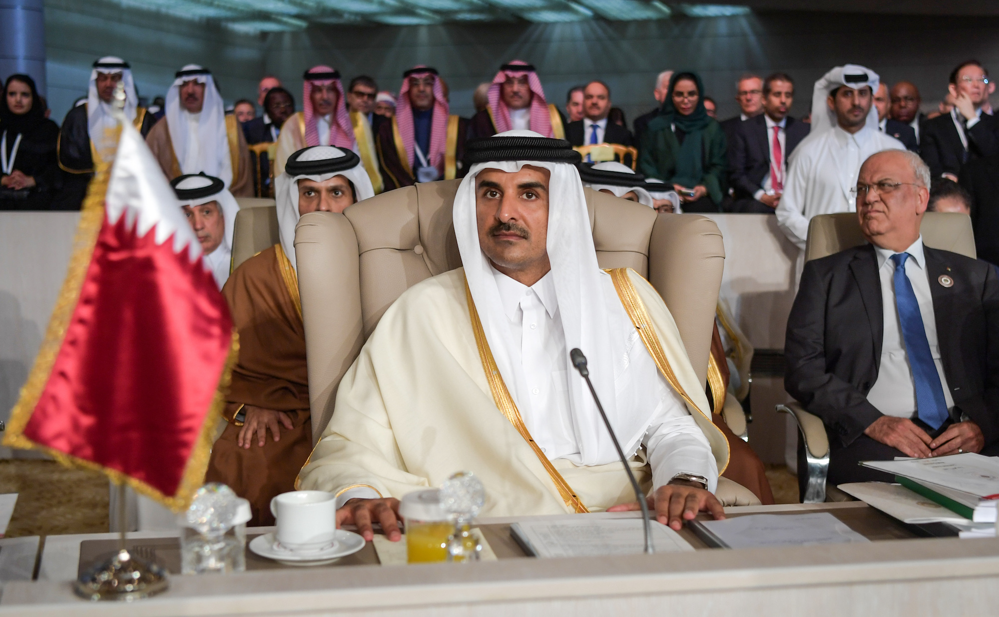 Qatari Emir Sheikh Tamim bin Hamad Al-Thani is seen at the opening session of the Arab League in Tunisia on March 31, 2019.