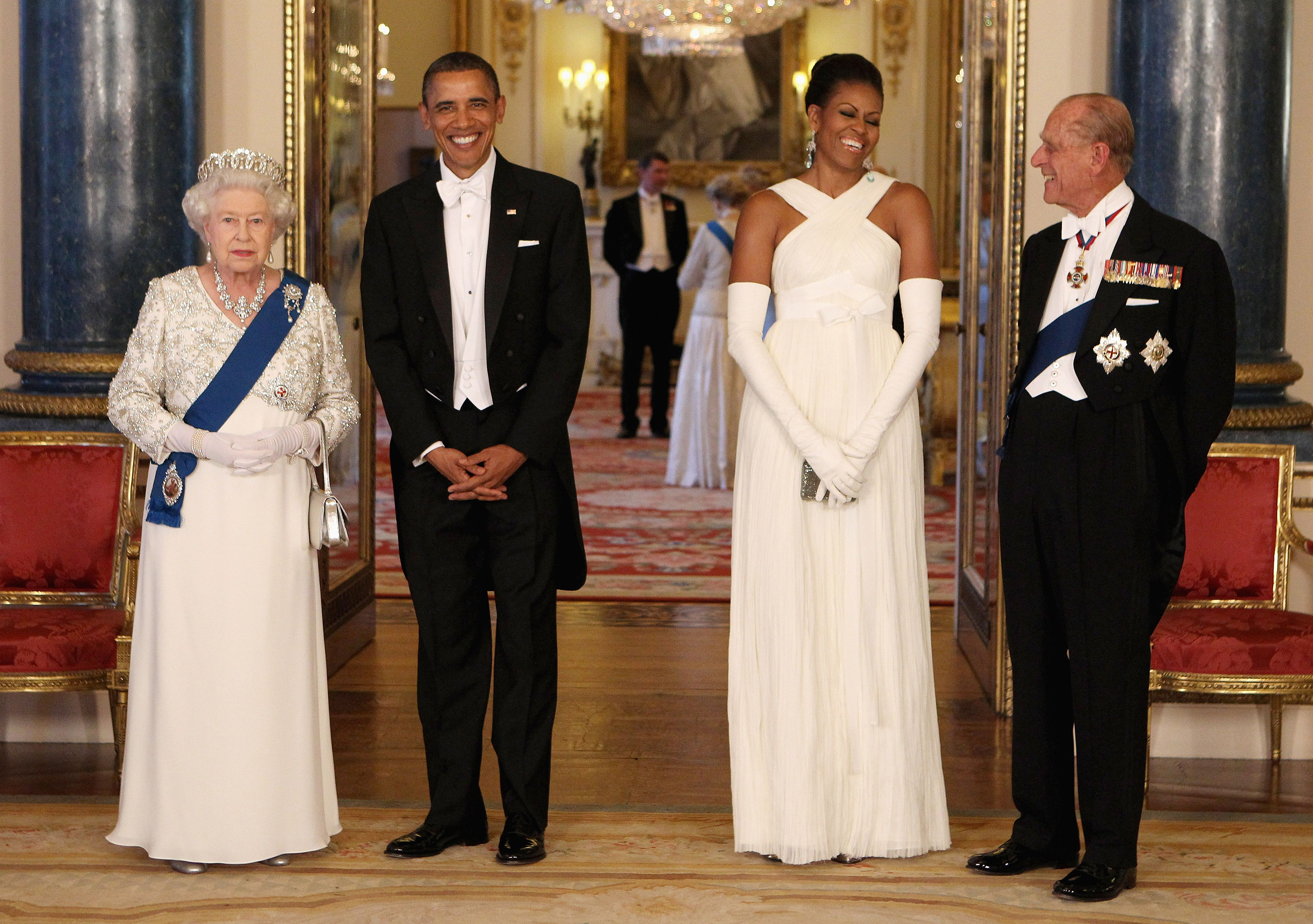 The Queen poses with President Barack Obama and Michelle Obama and Prince Philip, Duke of Edinburgh in 2011 in London.