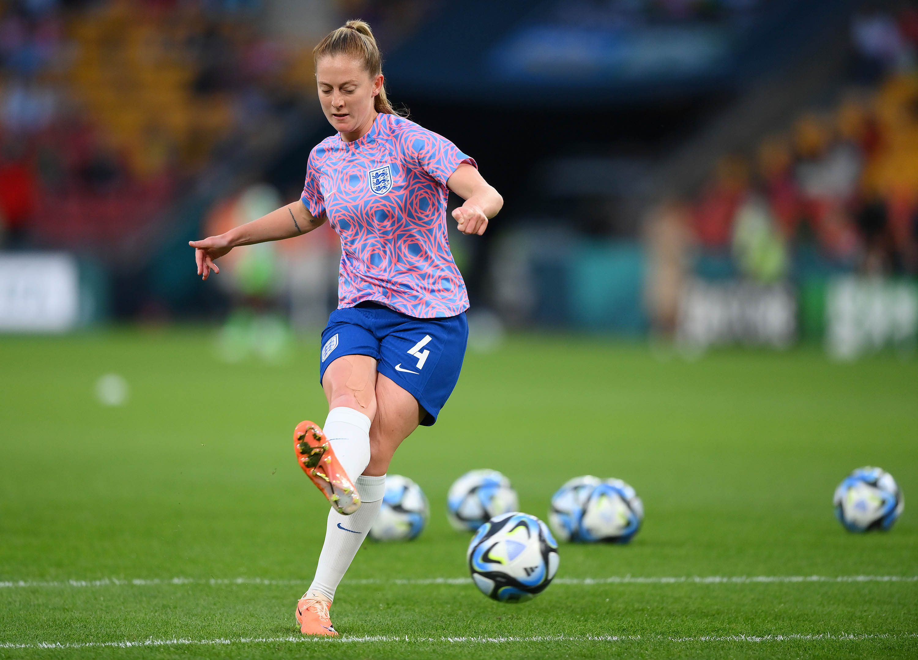 England's Keira Walsh warms up prior to the match between England and Nigeria at Brisbane Stadium in Brisbane, Australia, on August 7.