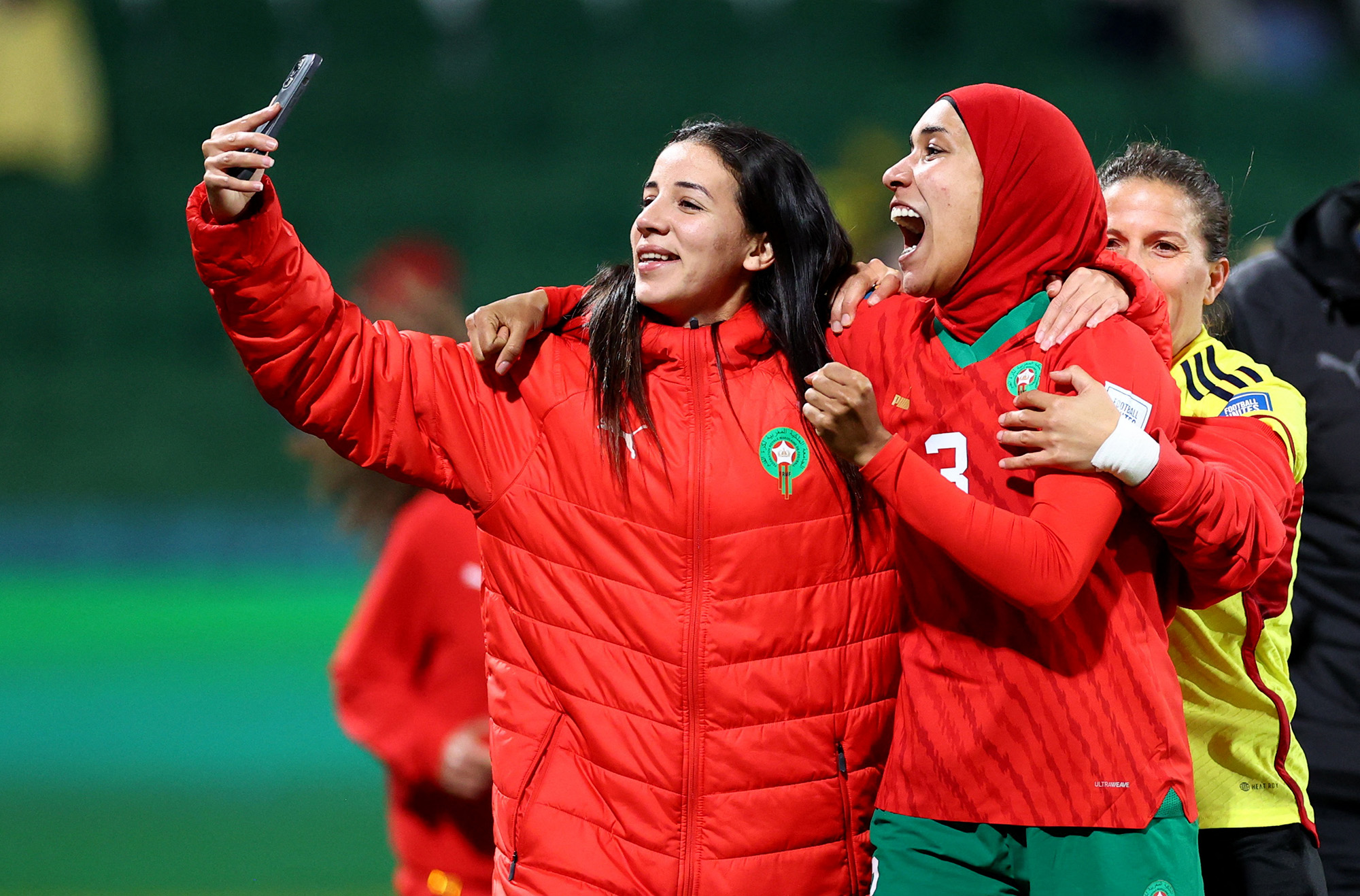 Morocco's Nouhaila Benzina celebrates after the match against Colombiaas Morocco qualify for the knockout stages of the World Cup