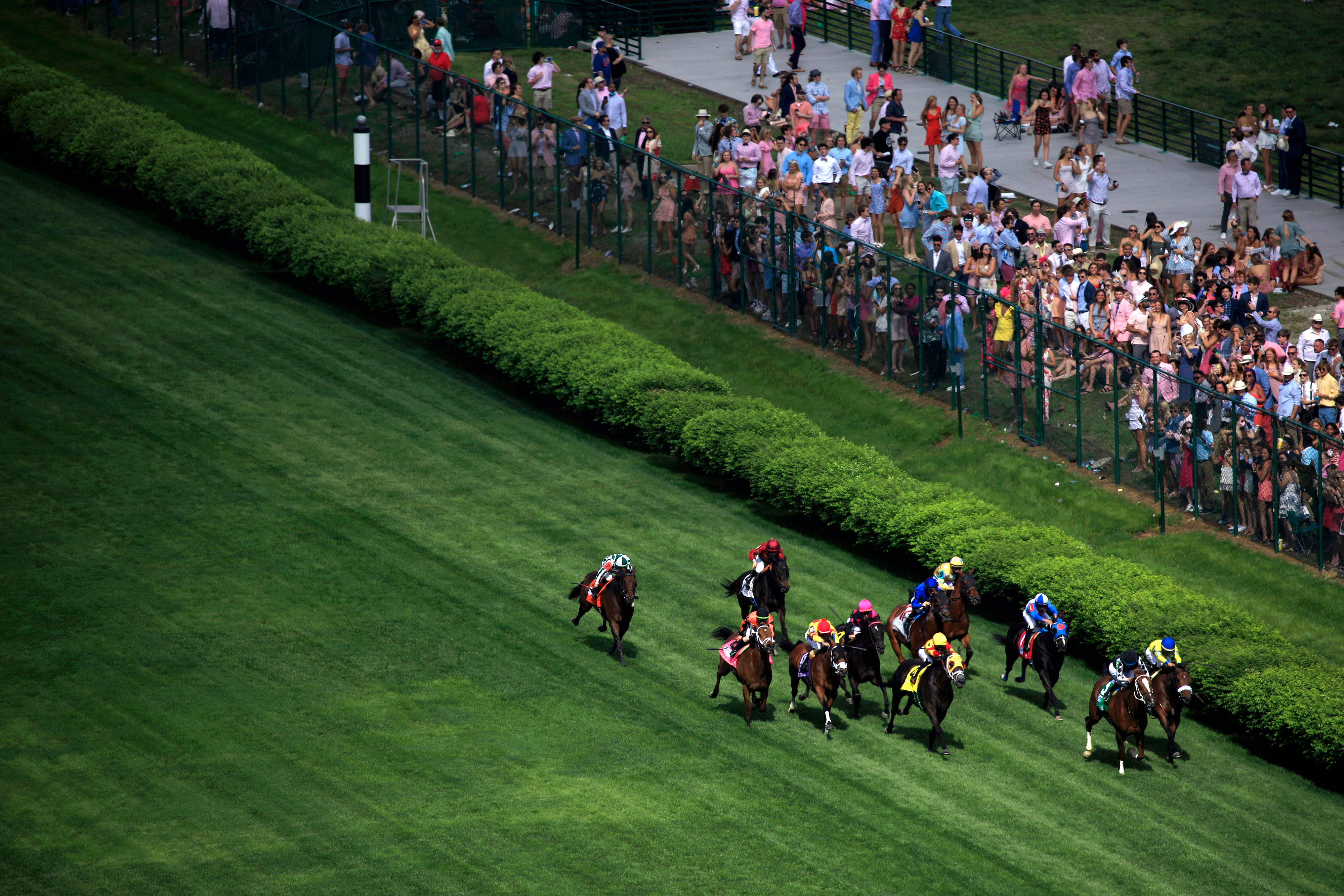 Thoroughbred racehorses compete in a turf race at Churchill Downs on April 30 ahead of the Kentucky Derby in Louisville.