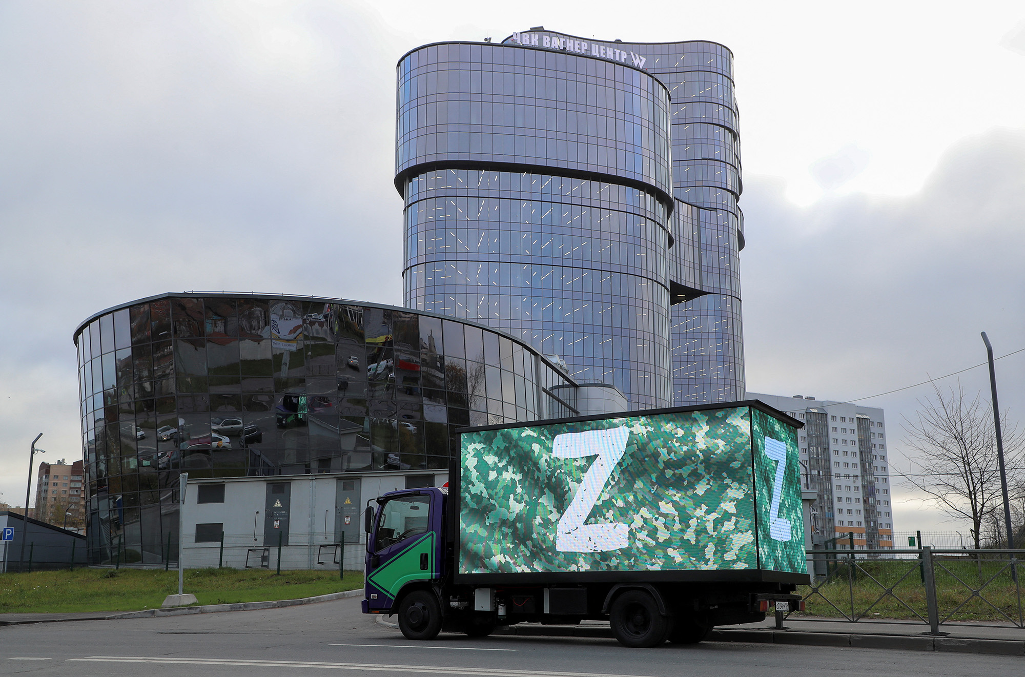 A truck showing the icons "z" Supporters of the Russian armed forces involved in the military conflict in Ukraine parked outside the PMC Wagner Center during the official opening of the office block in Saint Petersburg, Russia, on November 4.