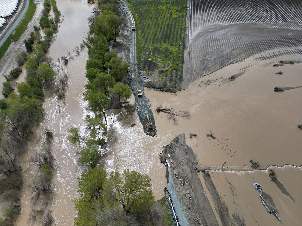 This aerial view shows the broken levee in Pajaro, California, on Monday, March 13.