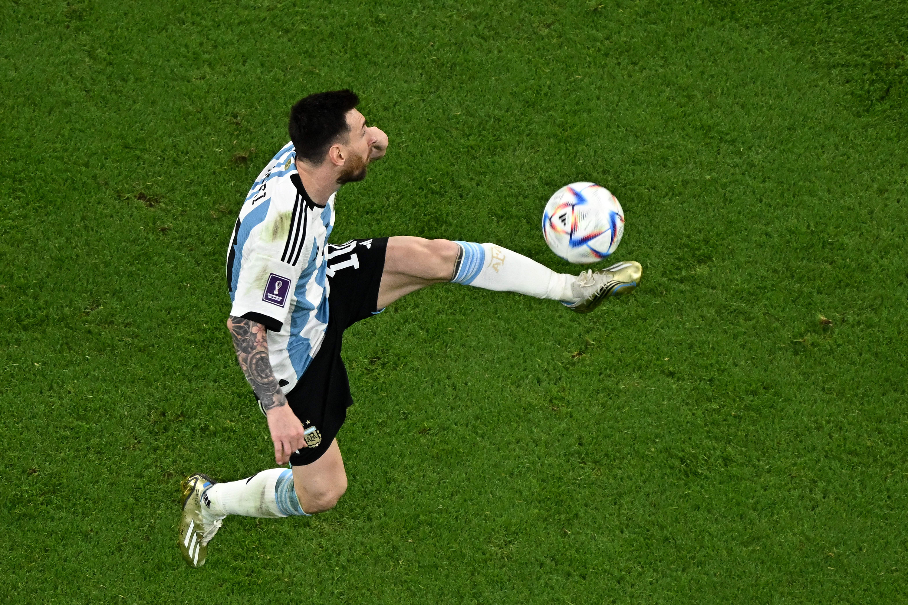 Argentina's #10 Lionel Messi kicks the ball during the Qatar 2022 World Cup Group C football match between Argentina and Mexico on Saturday.