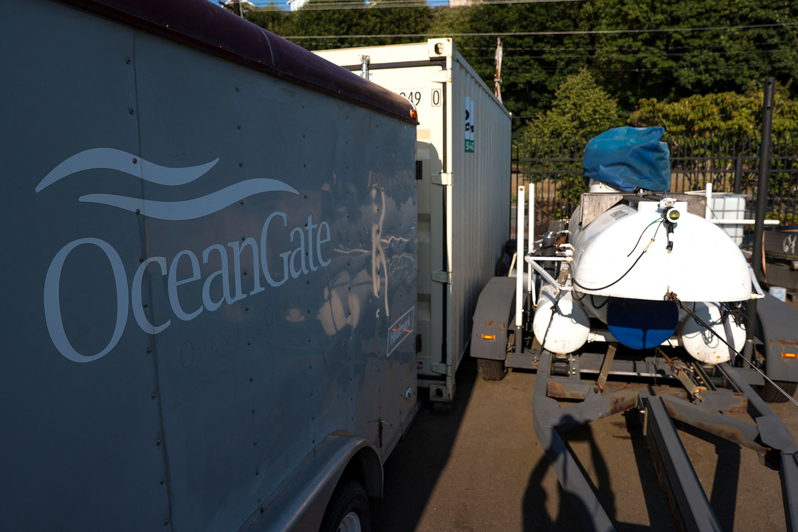 A trailer and other equipment are seen at OceanGate's headquarters in Everett, Washington, on June 22.