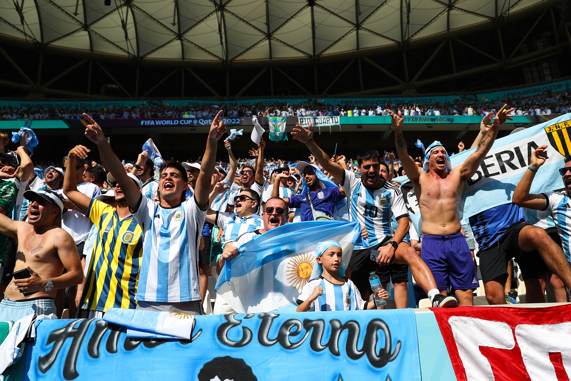 Argentina supporters show their support during the Group C match between Argentina and Saudi Arabia at the Lusail Stadium on November 22.
