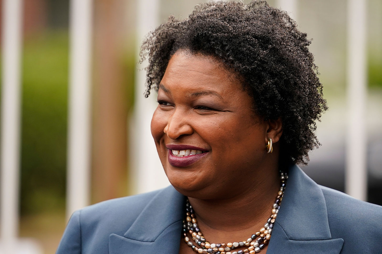 Stacey Abrams talks to the media during Georgia's primary election on Tuesday, May 24 in Atlanta. 