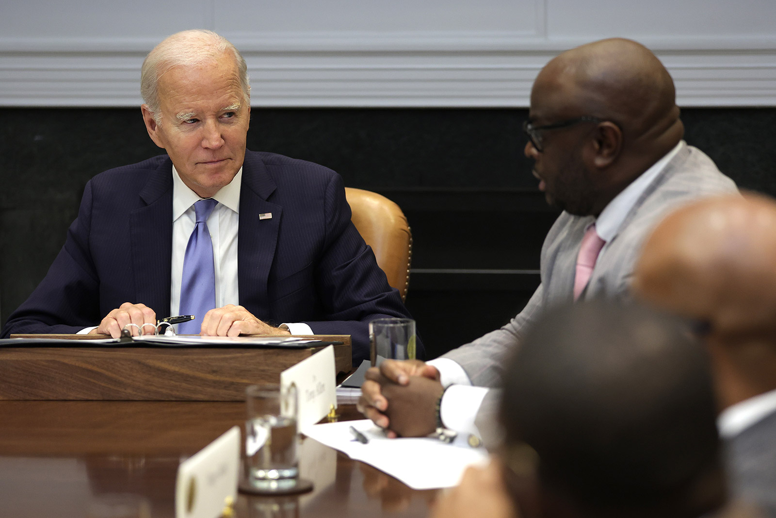 Tony Allen, right, Chair of the President’s Board of Advisors on HBCUs and President of Delaware State University, speaks as US President Joe Biden listens during a meeting with members of the President’s Board of Advisors on Historically Black Colleges and Universities at the Roosevelt Room of the White House on September 25, 2023.