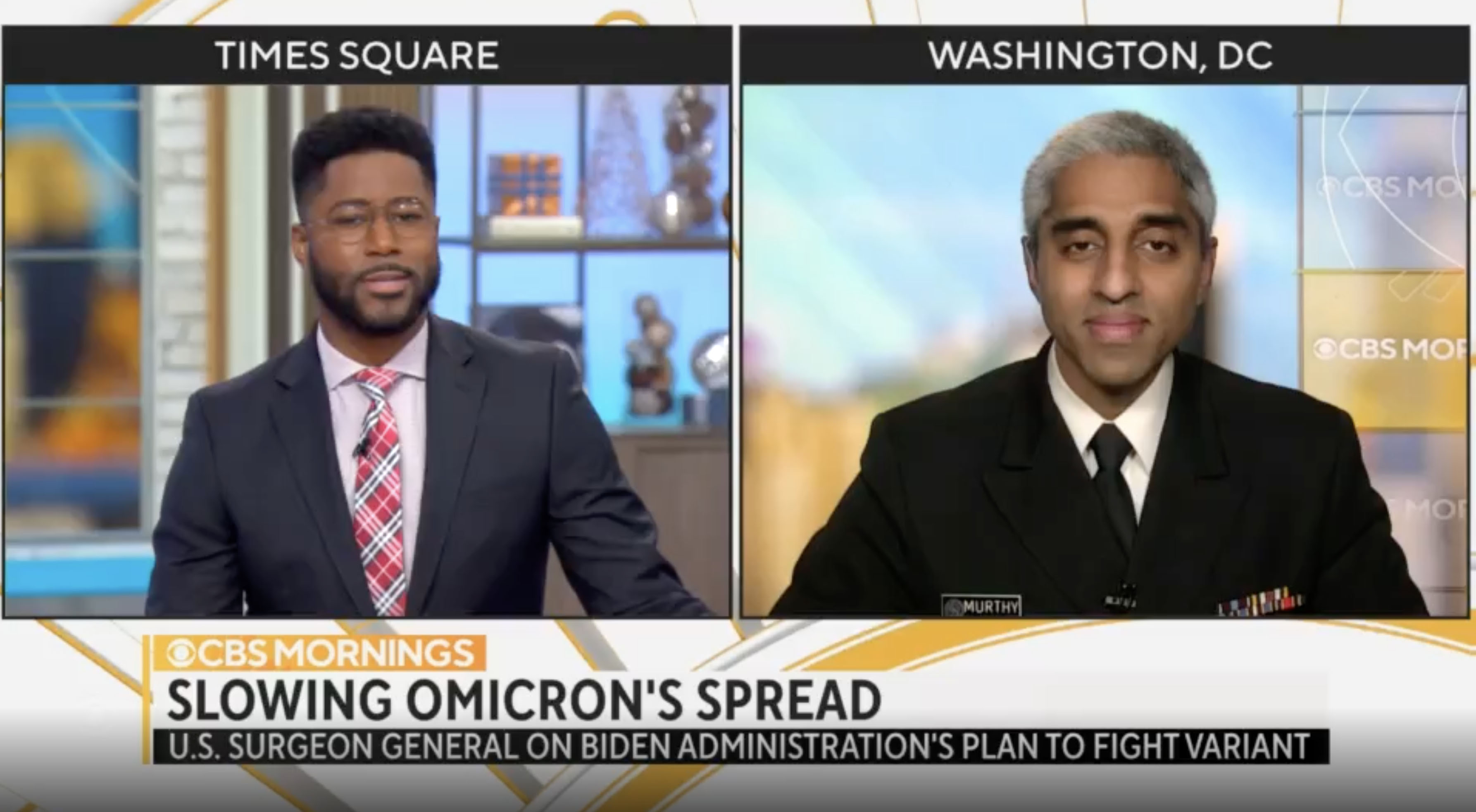 US Surgeon General Dr. Vivek Murthy (right) speaks to anchor Tony Dokoupil on “CBS Mornings” on Monday 20 December 2021