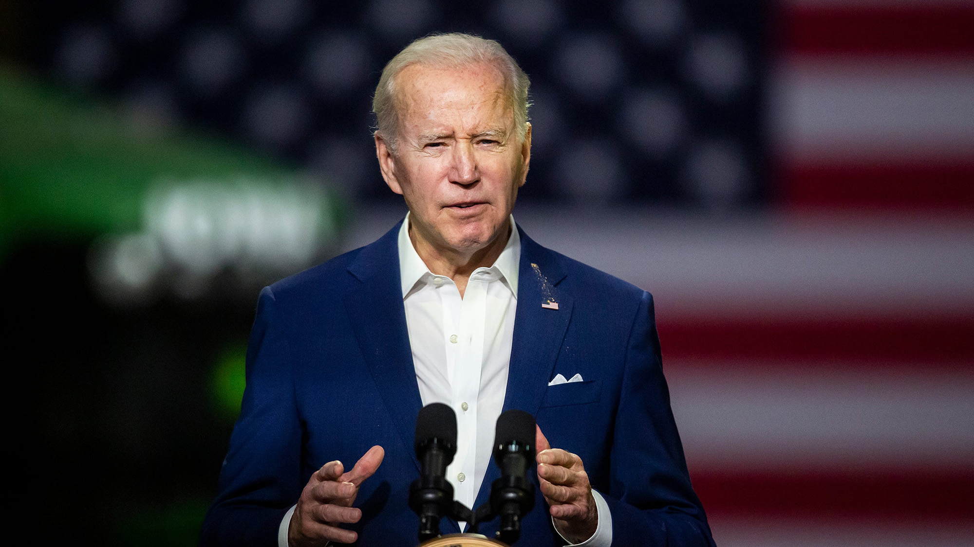 US President Joe Biden speaks at the POET Bioprocessing in Menlo, Iowa.on Tuesday, April 12.