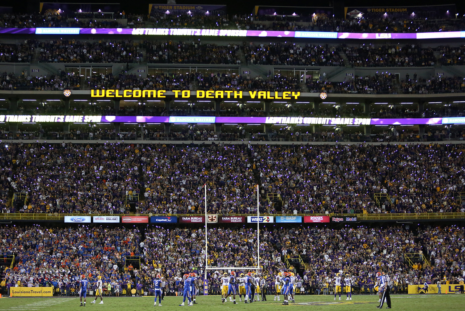 In this October 12, 2019 file photo, LSU fans are seeing during a game against the Florida Gators at Tiger Stadium in Baton Rouge, Louisiana.