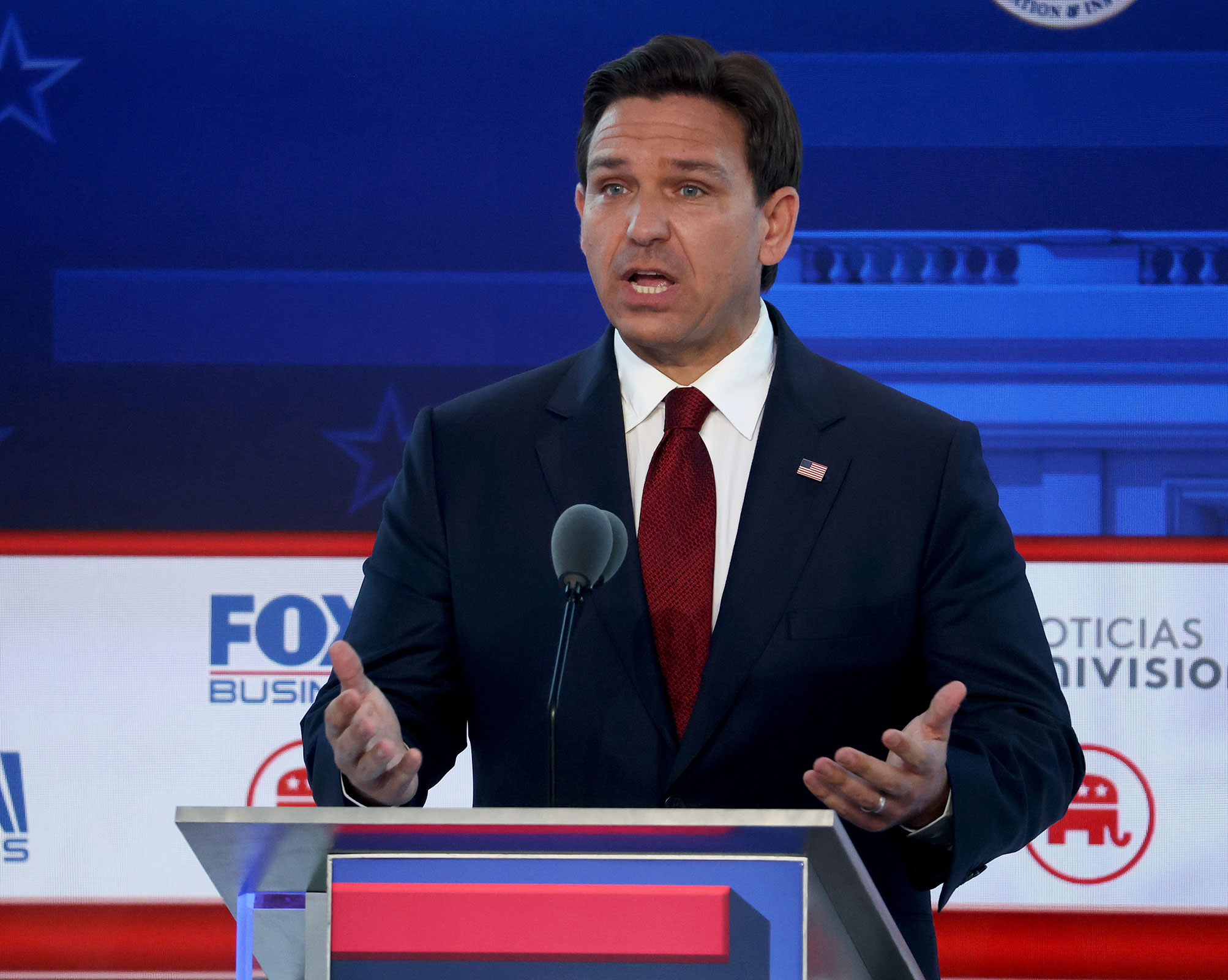 Republican presidential candidate Florida Gov. Ron DeSantis delivers remarks during the FOX Business Republican Primary Debate at the Ronald Reagan Presidential Library on September 27, 2023 in Simi Valley, California. 