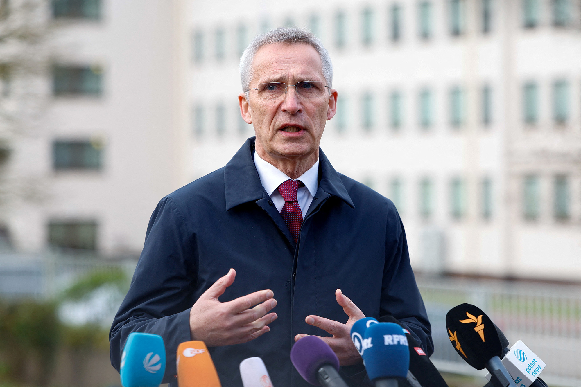 NATO Secretary-General Jens Stoltenberg speaks to the media as he visits Ramstein U.S. Air Base, Germany, on April 21.