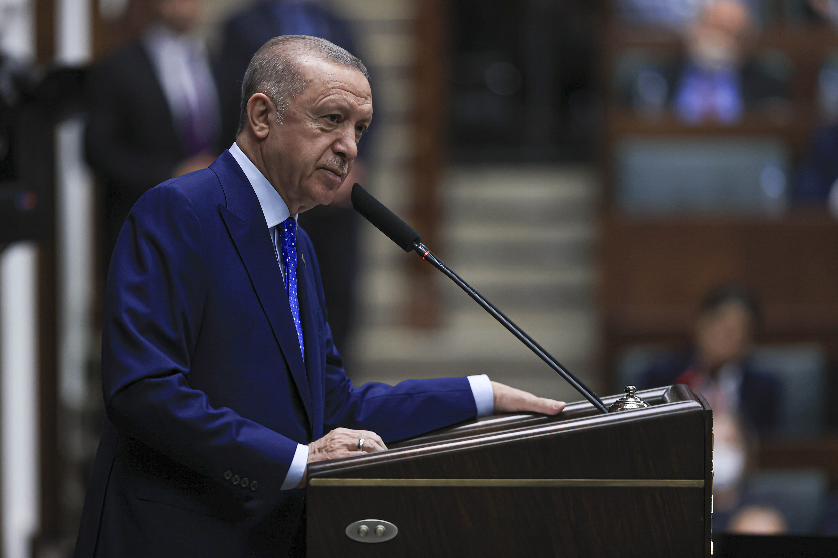 Turkish President Recep Tayyip Erdogan delivers a speech at the Turkish Grand National Assembly in Ankara, Turkey on Wednesday.