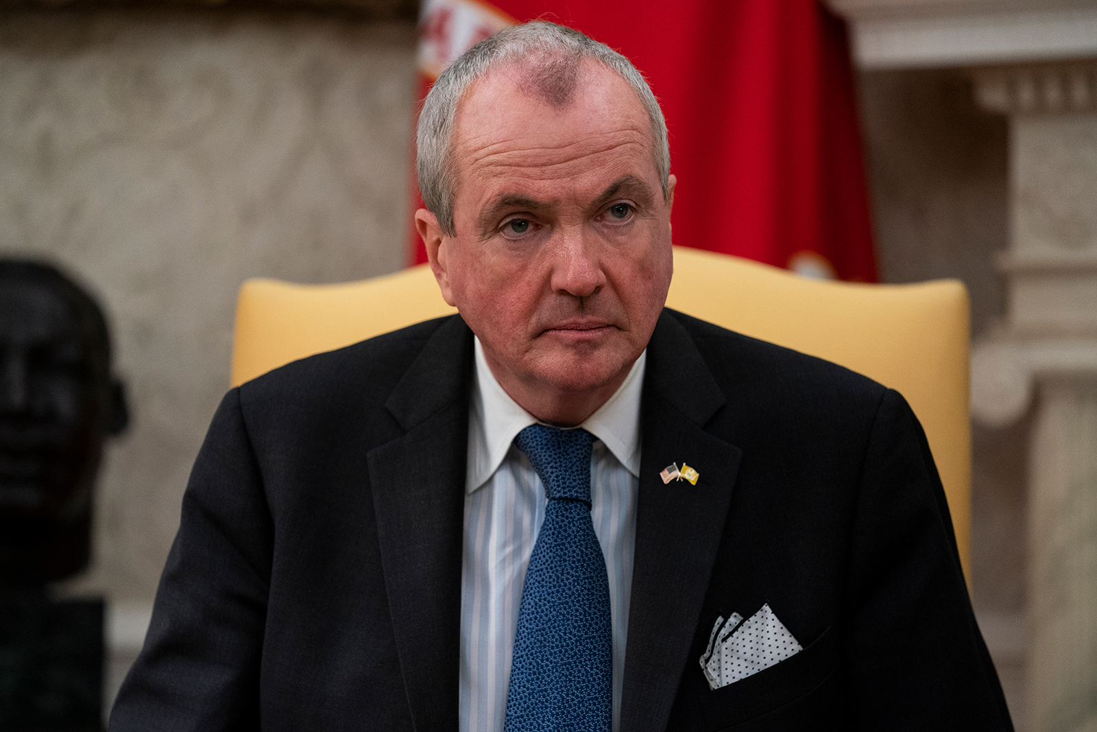 Gov. Phil Murphy listens to President Donald Trump during a meeting about the coronavirus response in the Oval Office on Thursday, April 30.