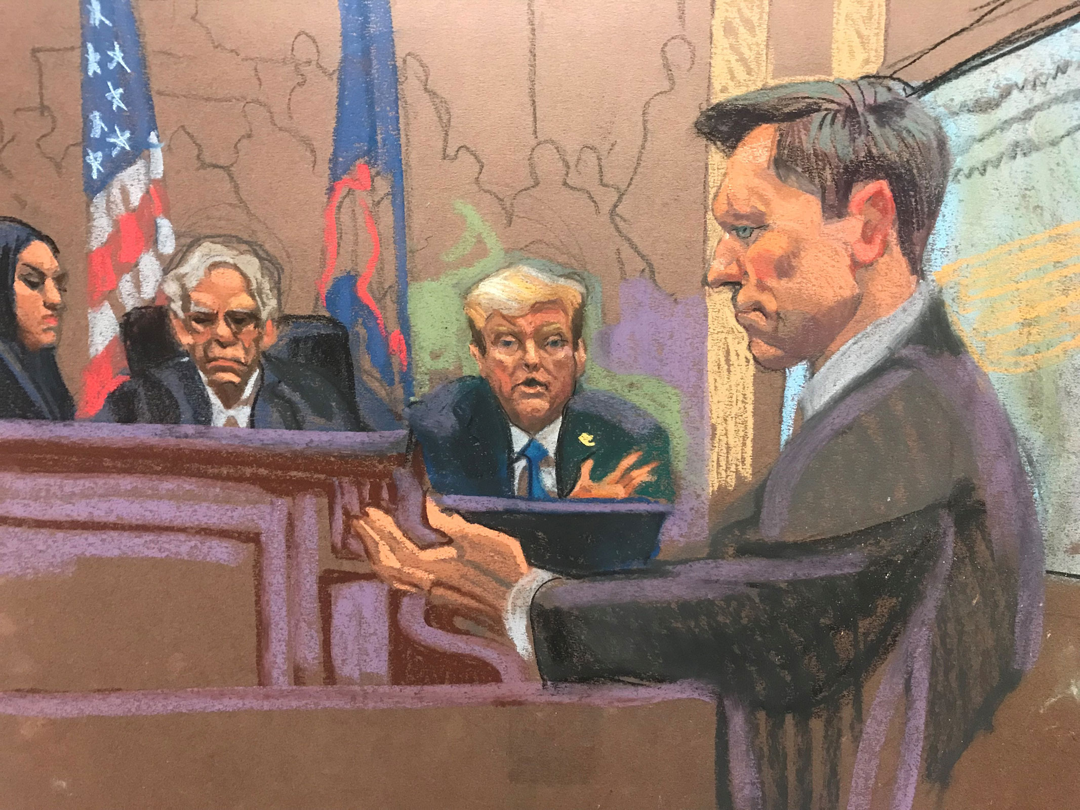 In this courtroom sketch, former President Donald Trump testifies in New York Supreme Court on Monday.