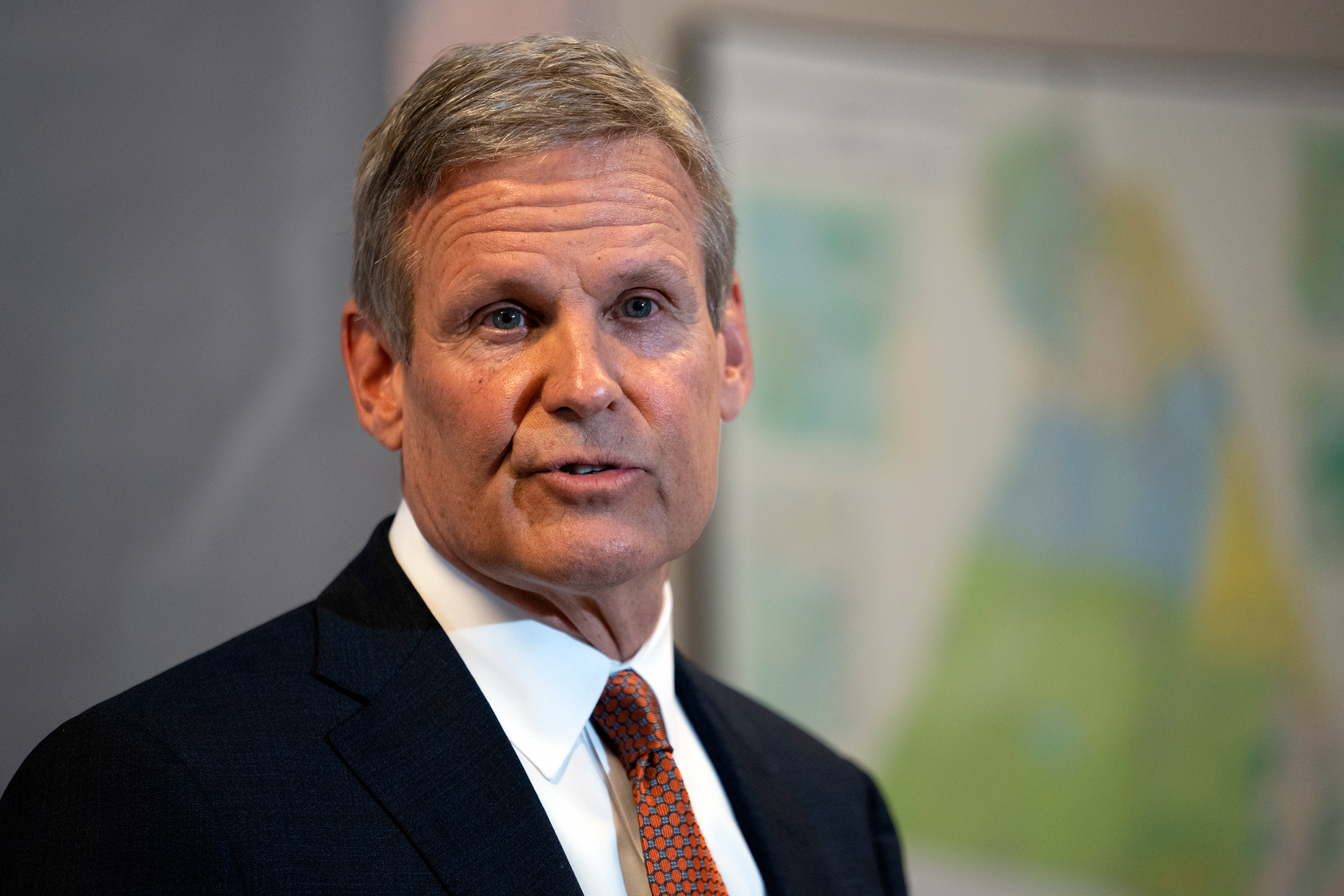 Tennessee Gov. Bill Lee responds to questions during a news conference Tuesday, April 11, in Nashville.