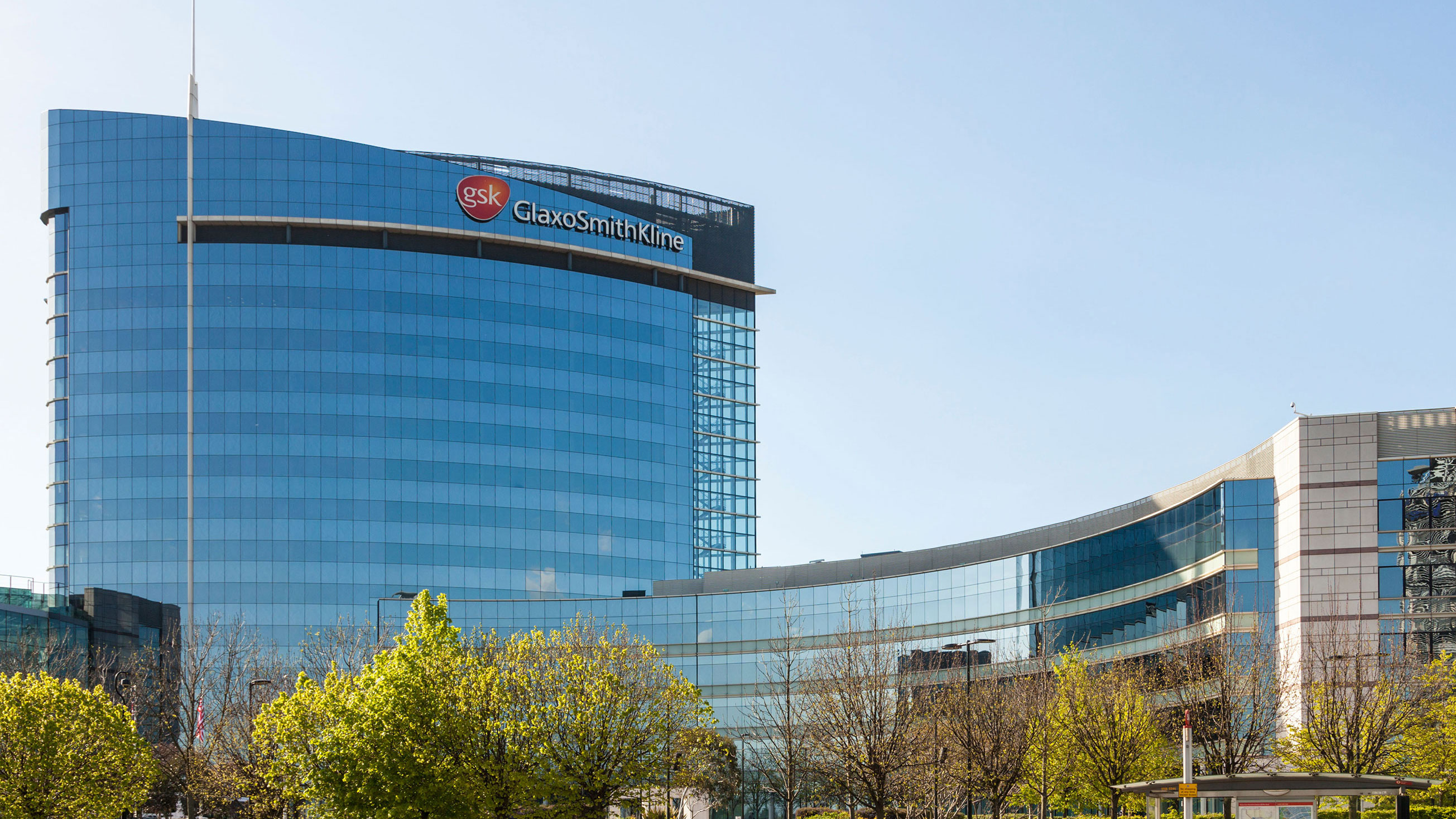 The GlaxoSmithKline company headquarters in London, England.