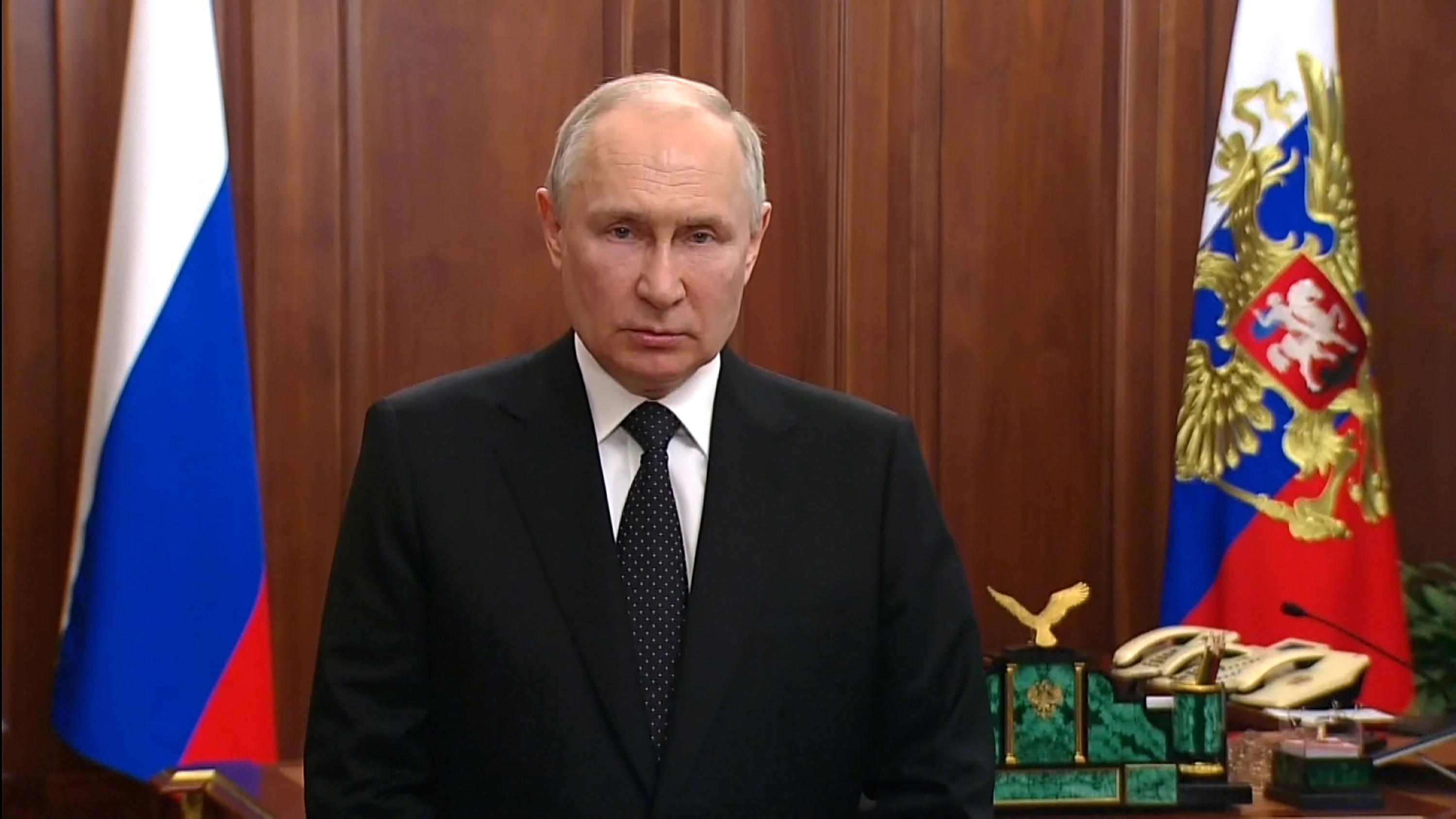 Russian President Vladimir Putin gives a televised address in Moscow, Russia, June 24.