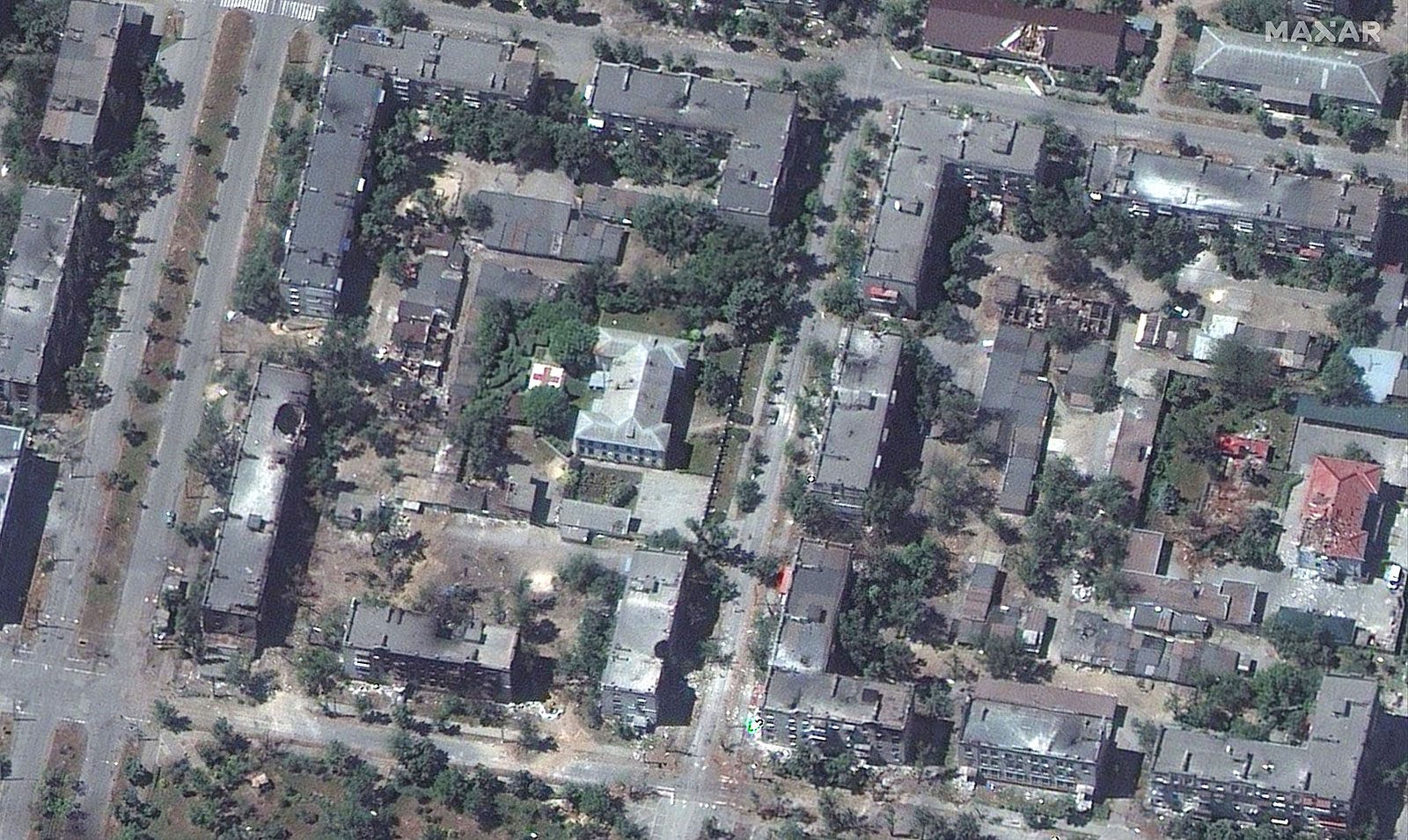 A satellite image shows damage caused by military strikes in Severodonetsk, Ukraine, on June 6.