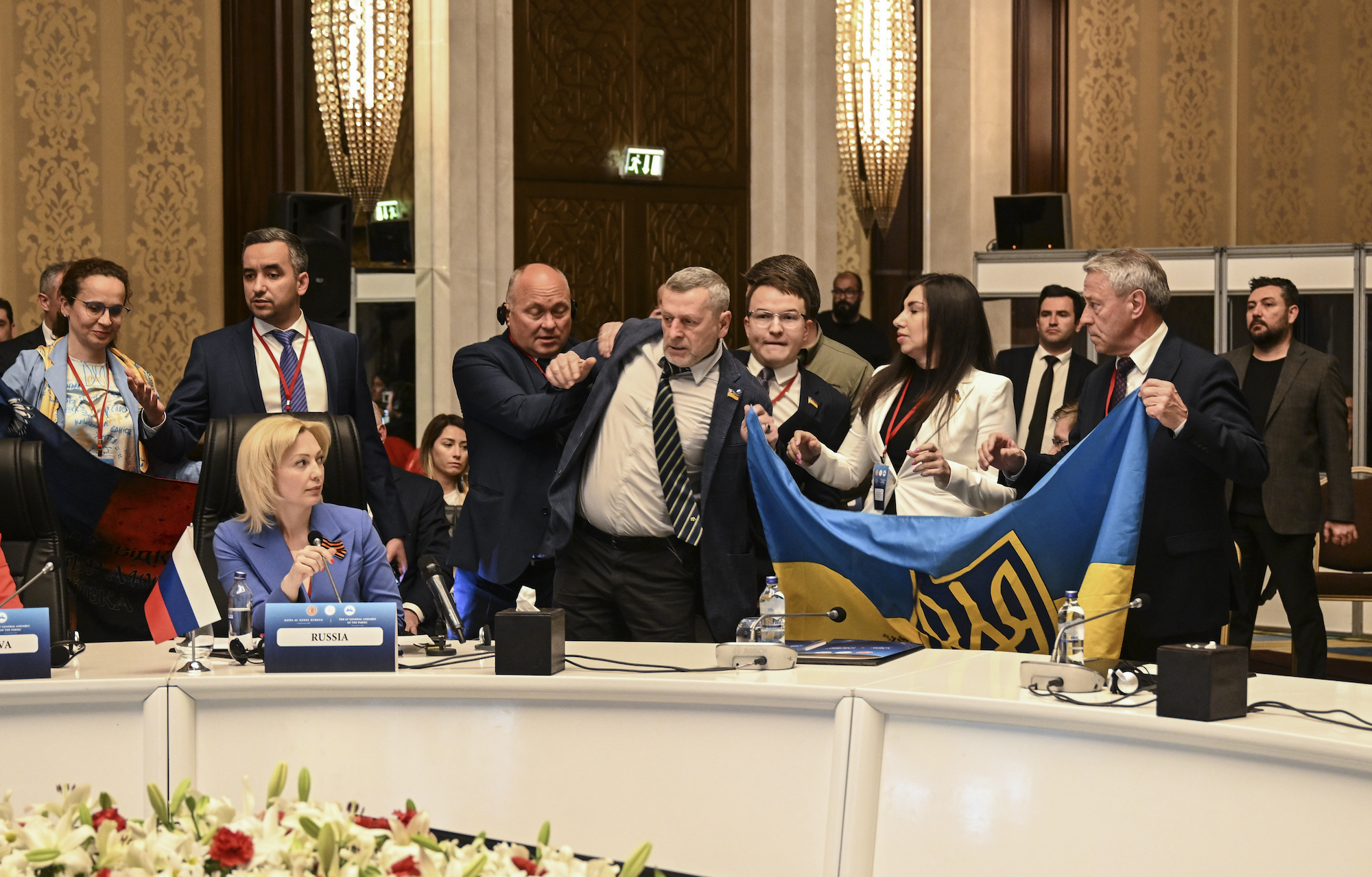 Ukrainian and Russian delegates are seen at the Parliamentary Assembly of the Black Sea Economic Cooperation (PABSEC) in Ankara on Thursday.