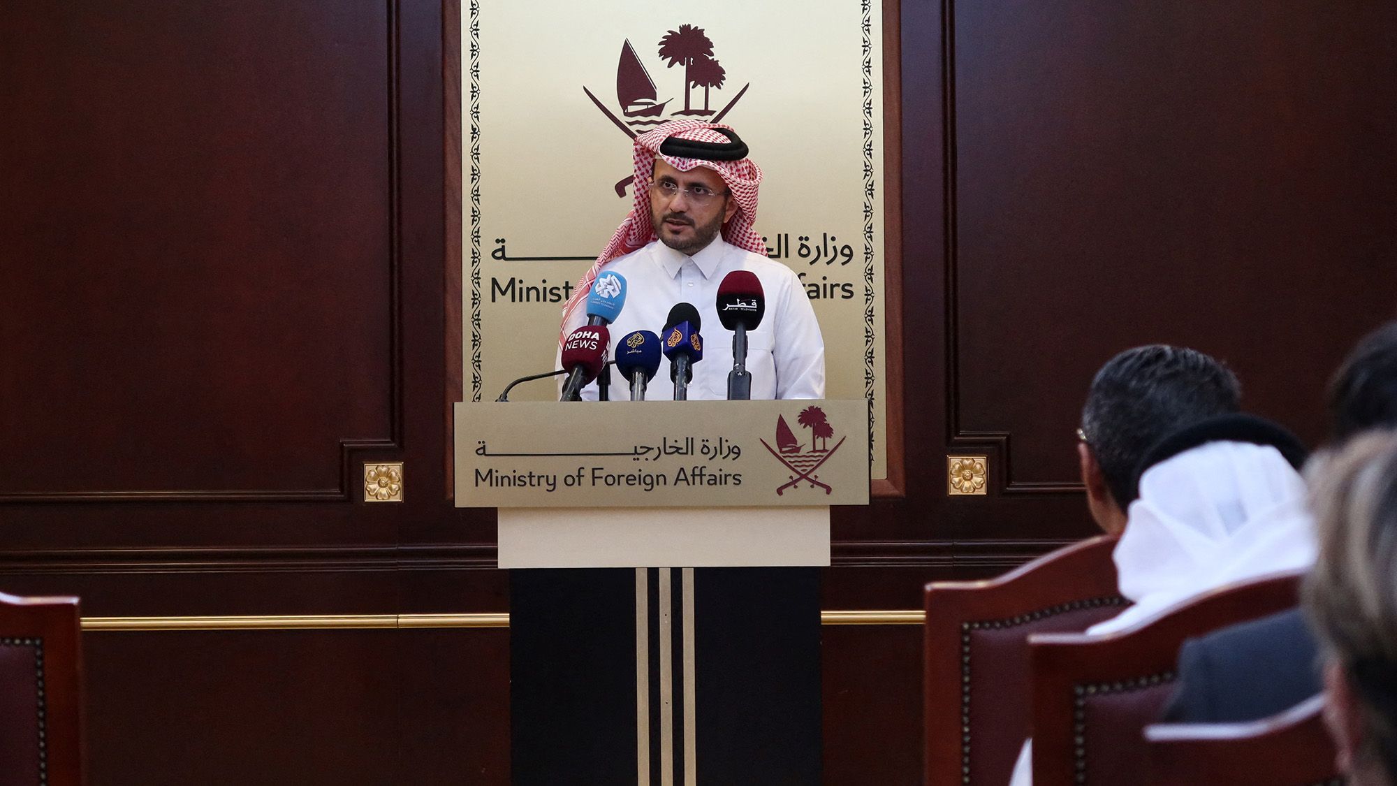 Qatar's Spokesperson for the Ministry of Foreign Affairs, Majed Al-Ansari, speaks to journalists during a press conference in Doha, Qatar, on November 23.