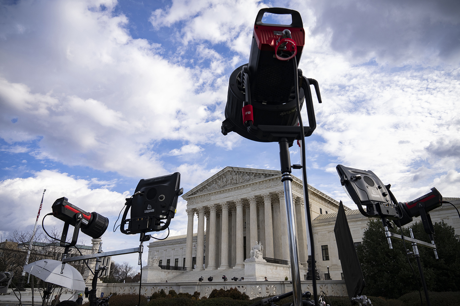 Television lights are set up outside the U.S. Supreme Court on February 21, 2023 in Washington, DC. 