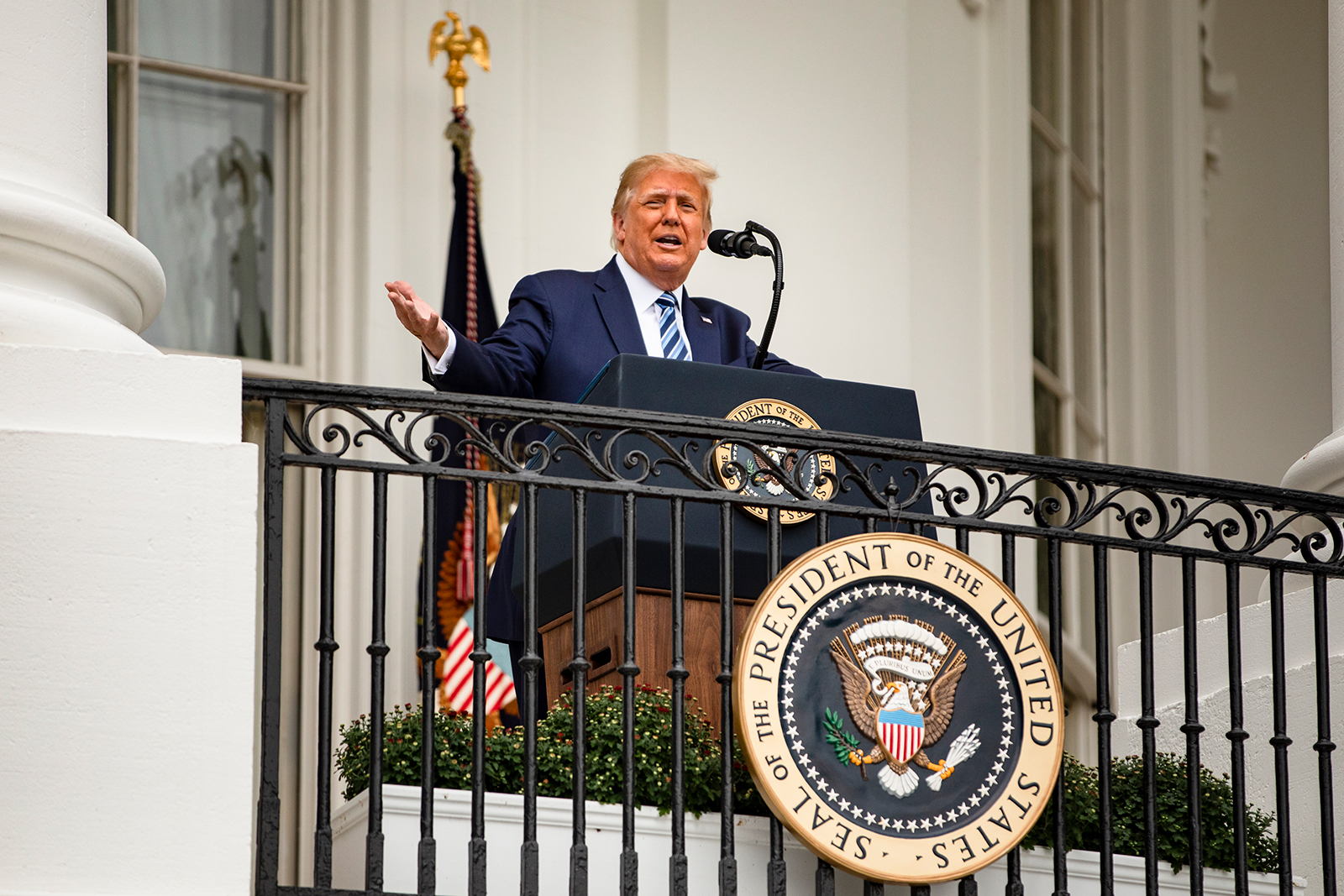 President Donald Trump addresses a rally on the South Lawn of the White House in Washington, DC, on October 10.