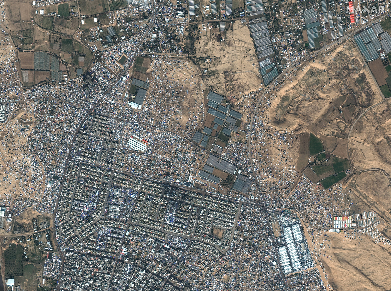 This satellite image shows a makeshift tent city in Rafah.