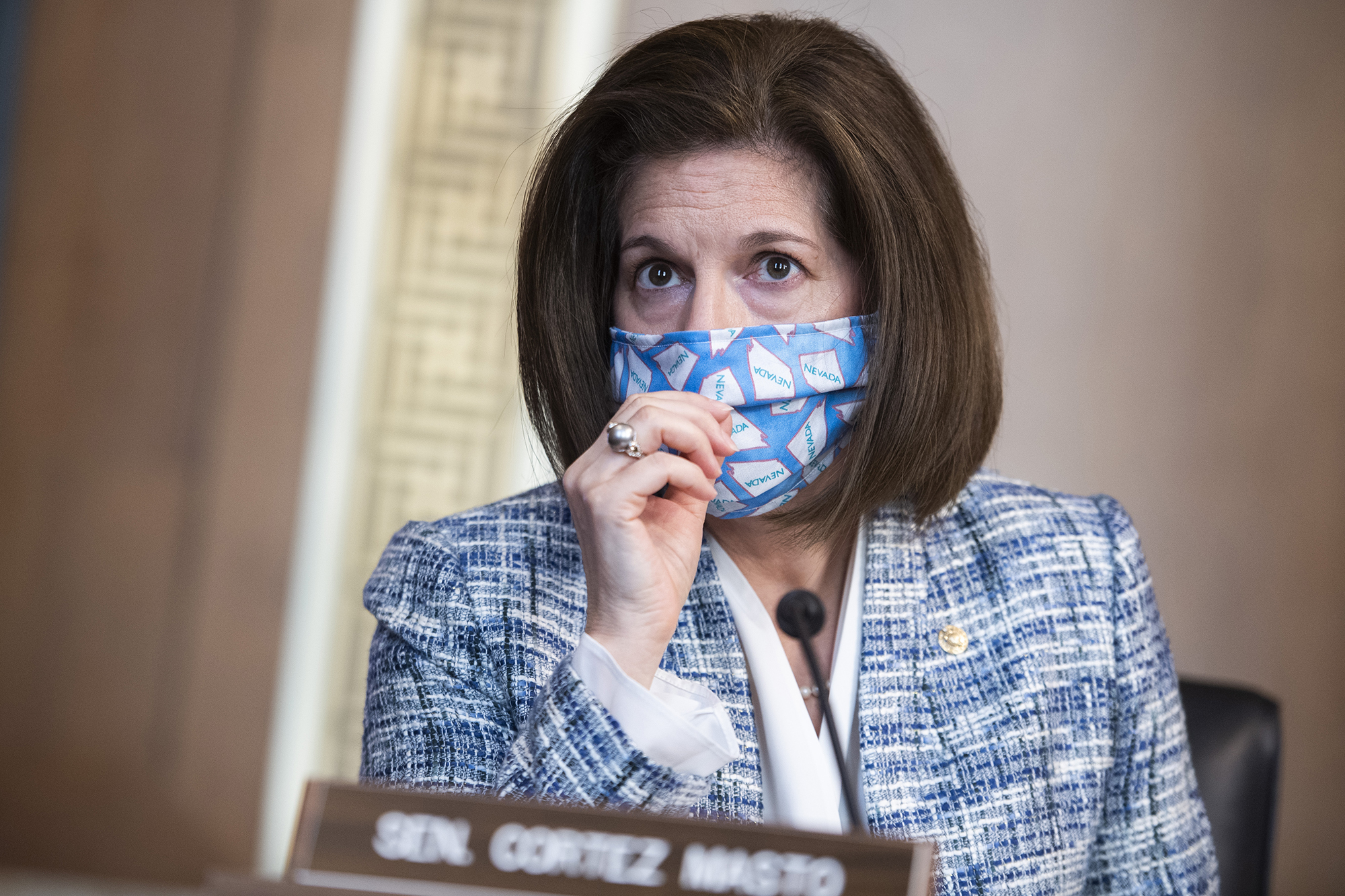 Sen. Catherine Cortez Masto, D-Nev., arrives for the Senate Energy and Natural Resources committee hearing in Washington on Tuesday, June 9.