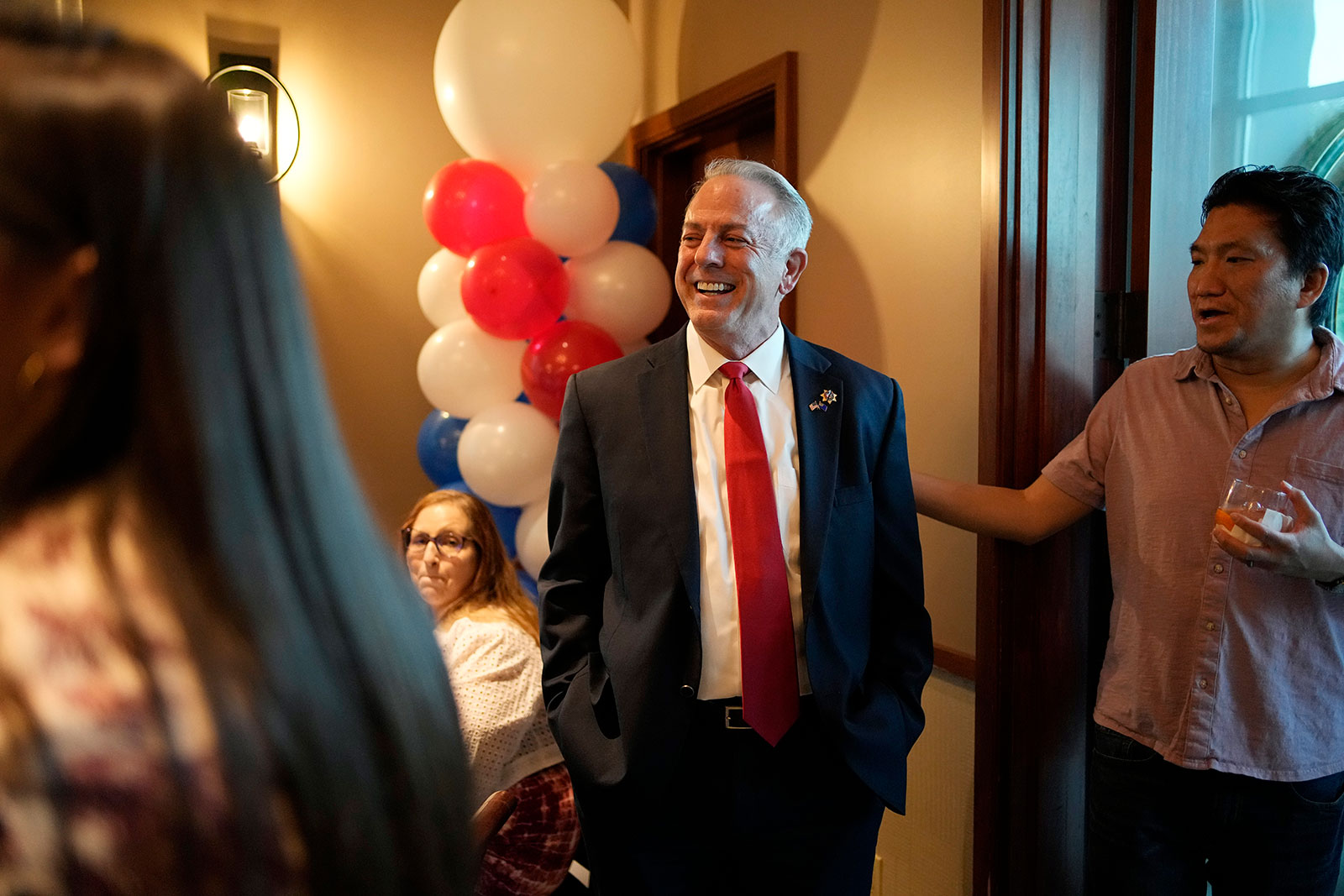 Clark County Sheriff and Republican candidate for Nevada governor Joe Lombardo, center, meets with supporters at an election night party on June 14 in Las Vegas, Nevada. 
