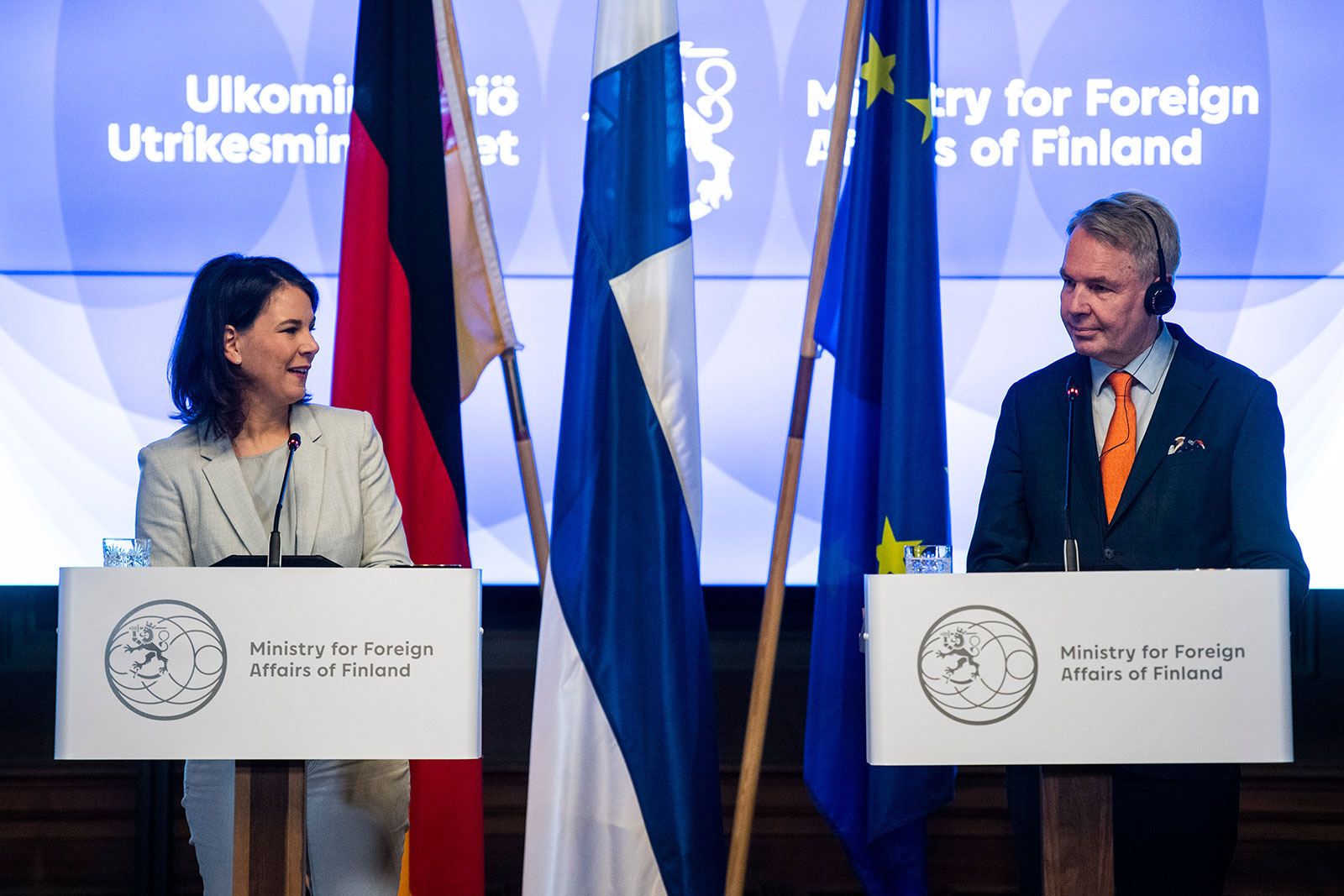 German Foreign Minister Annalena Baerbock and Finnish Foreign Minister Pekka Haavisto speak at a press conference in Helsinki, Finland, on February 13. 