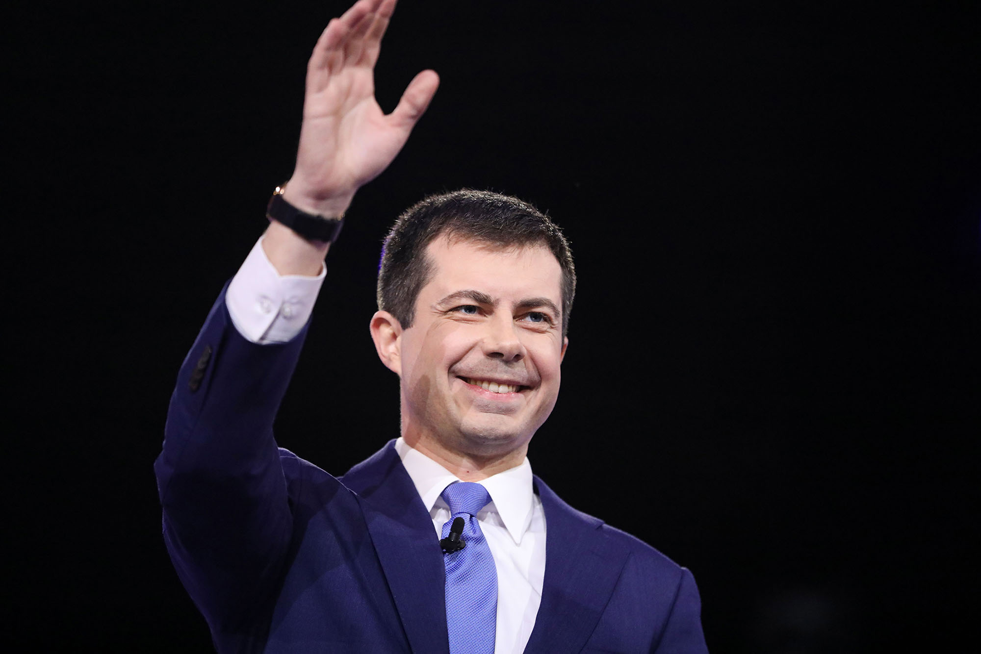 Former Democratic presidential candidate Pete Buttigieg waves as he arrived for the tenth Democratic primary debate at the Gaillard Center in Charleston, South Carolina, on February 25, 2020. 