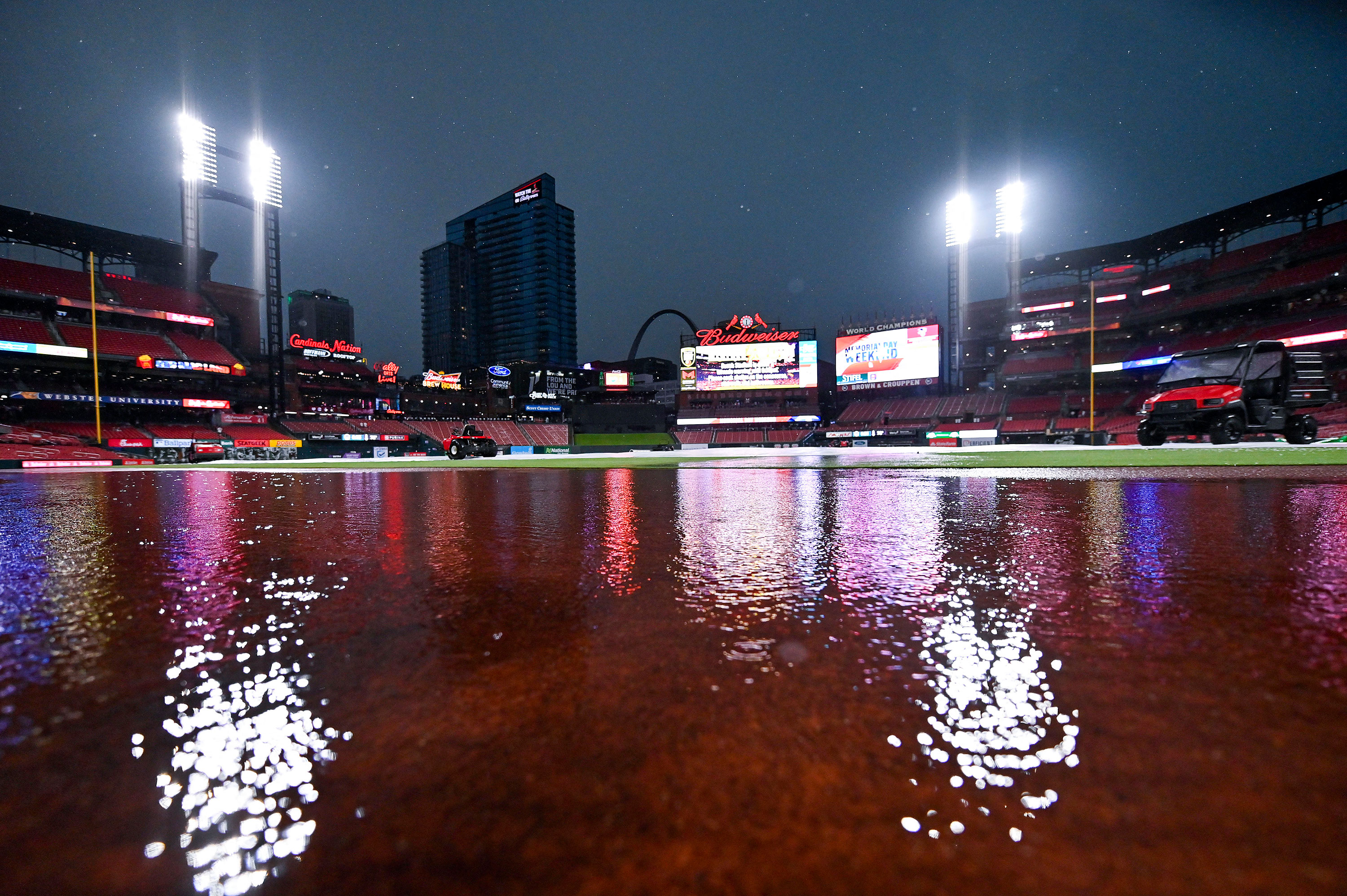 Busch Stadium in St. Louis is seen during a weather delay on May 26. 